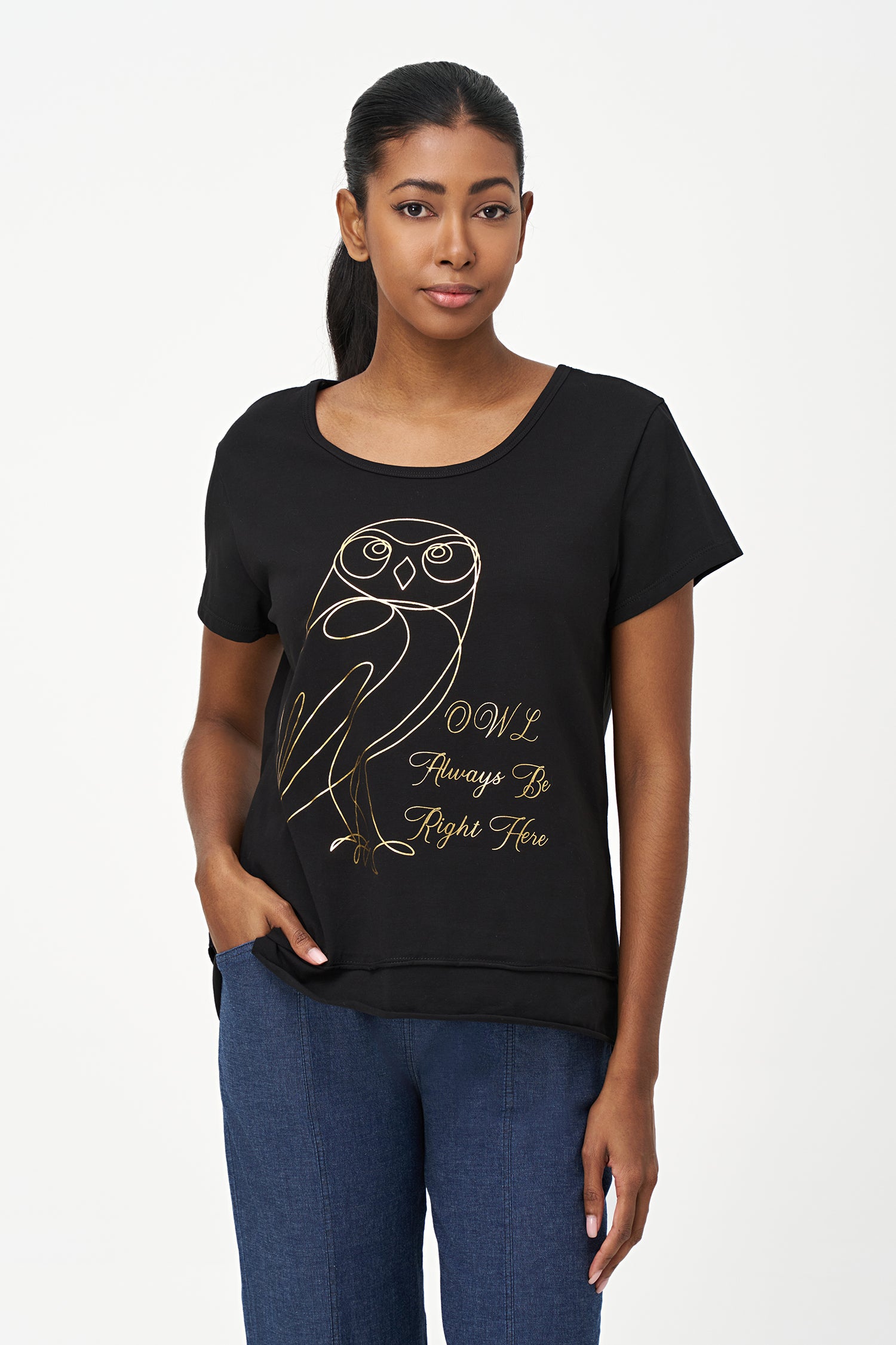 Black short sleeve top with gold owl graphic and 'Always Be Right Here' quote.