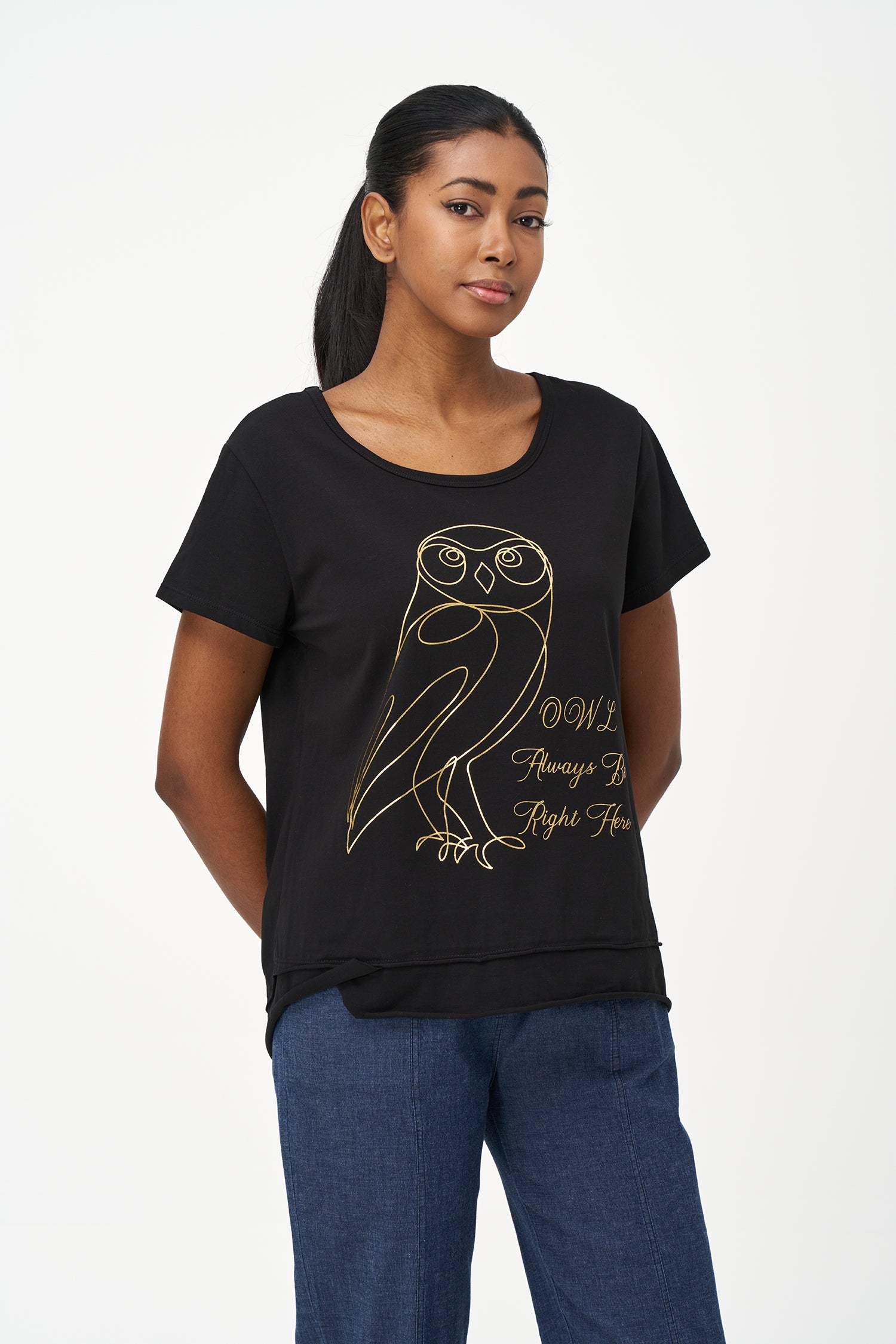 Black short sleeve top with gold owl graphic and 'Always Be Right Here' quote.