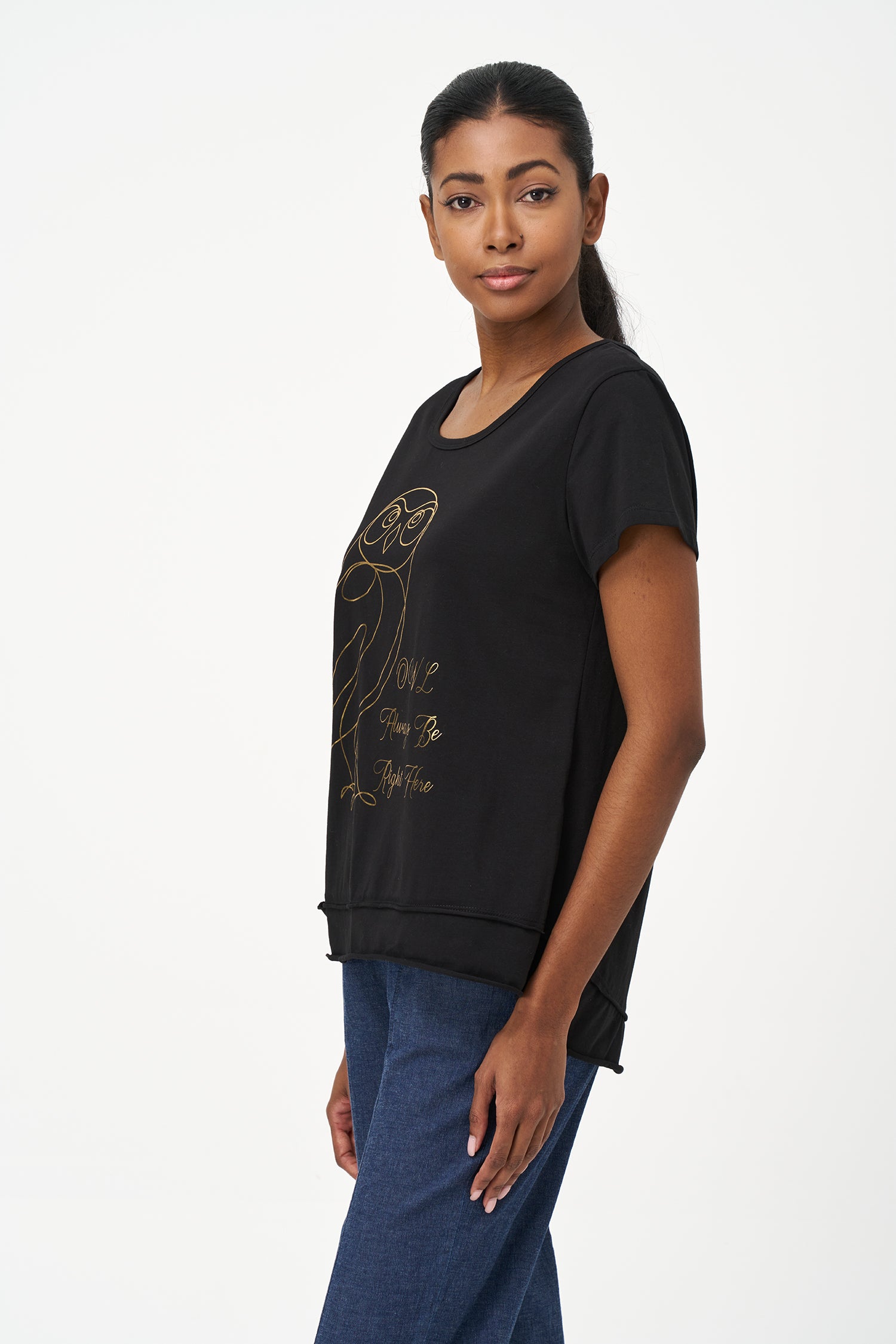 Black short sleeve top with gold owl graphic and 'Always Be Right Here' quote.