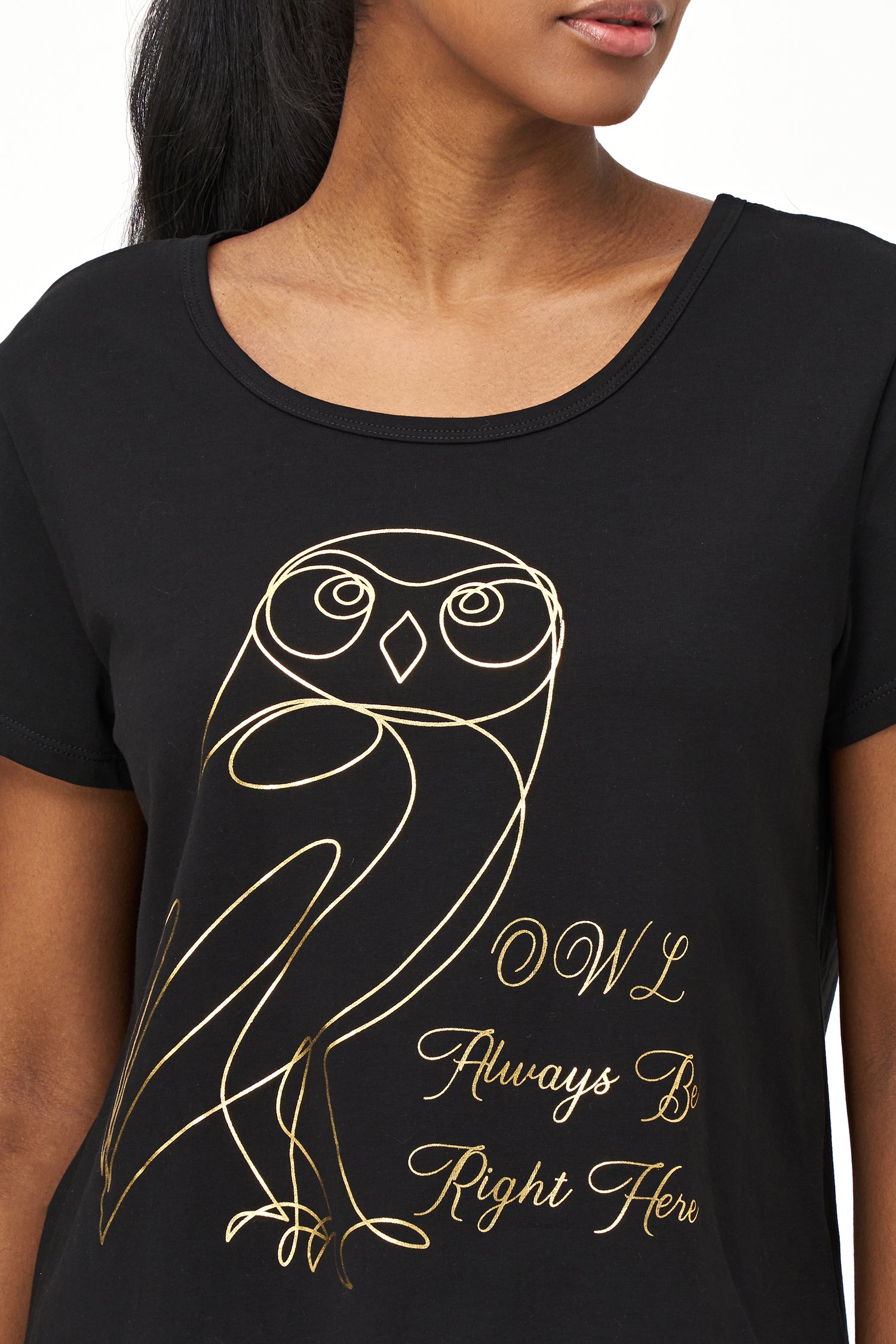 Black short sleeve top with gold owl graphic and 'Always Be Right Here' quote.