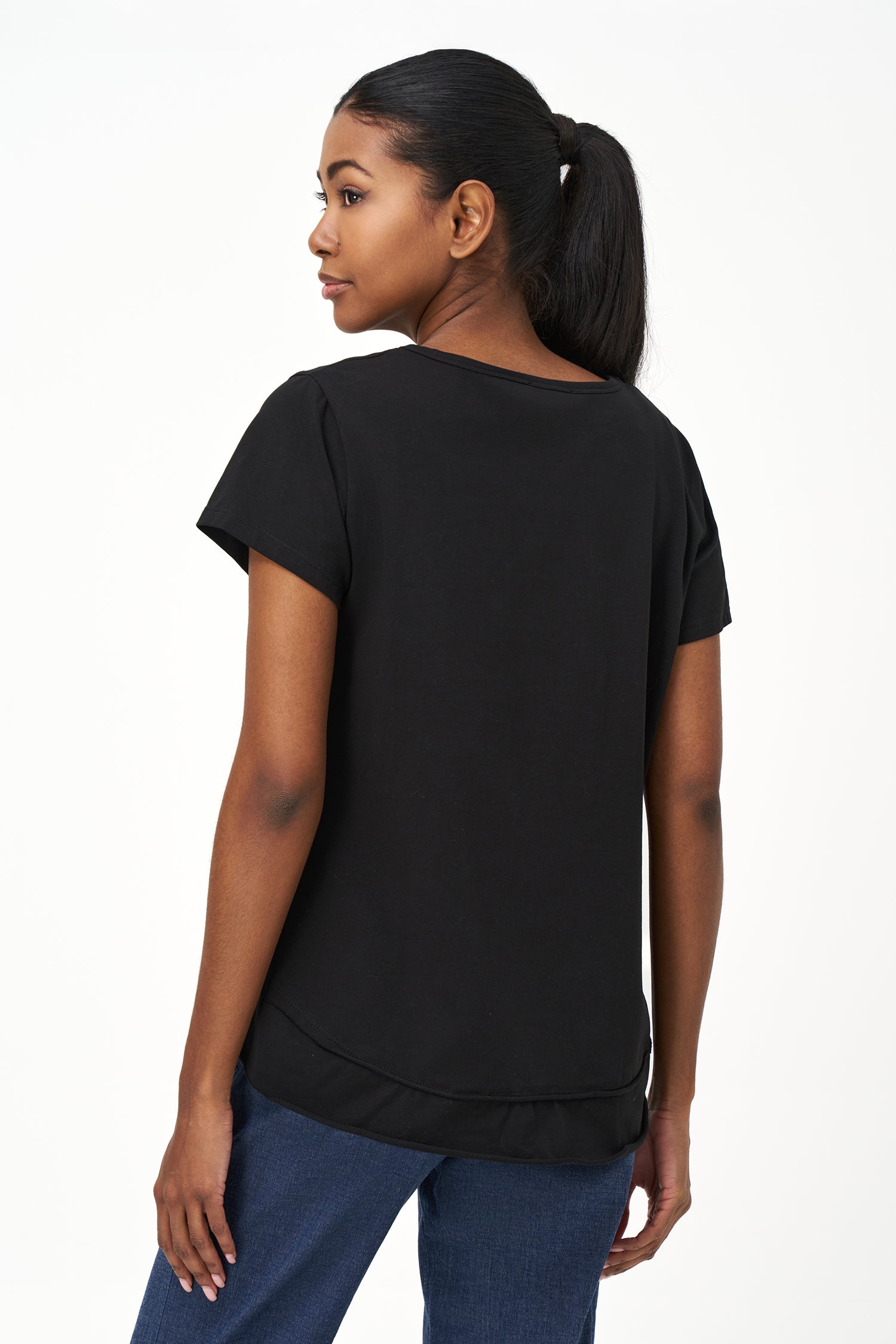 Black short sleeve top with gold owl graphic and 'Always Be Right Here' quote.