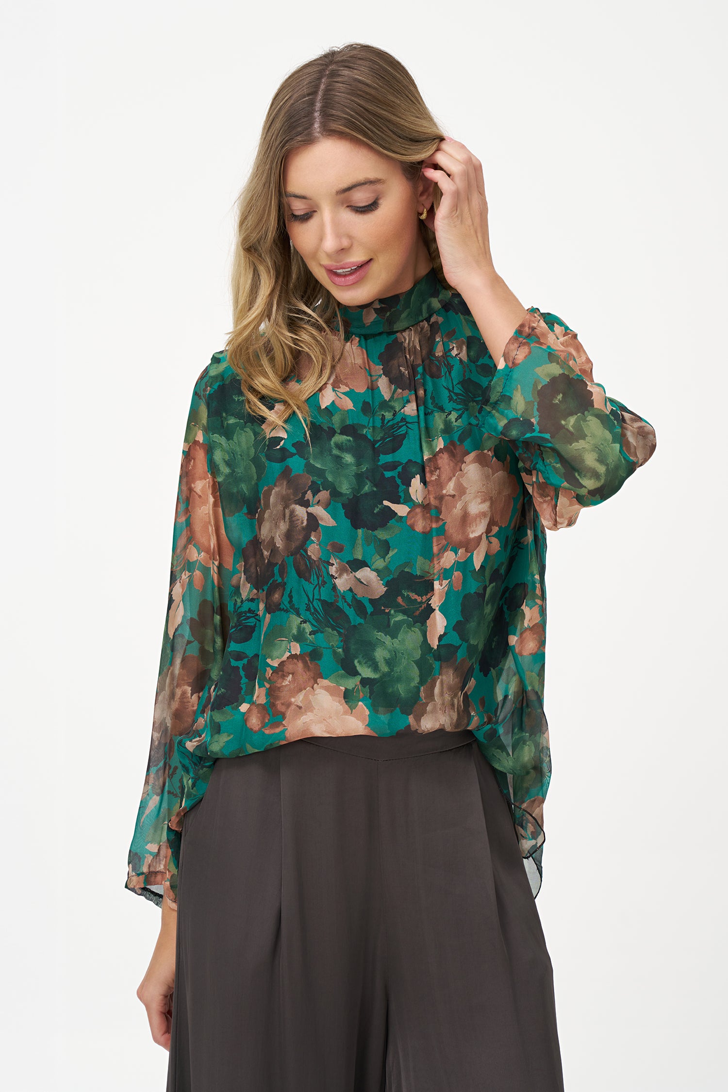 Sheer floral blouse in green daphne print with long sleeves and tie neckline in silk-viscose blend