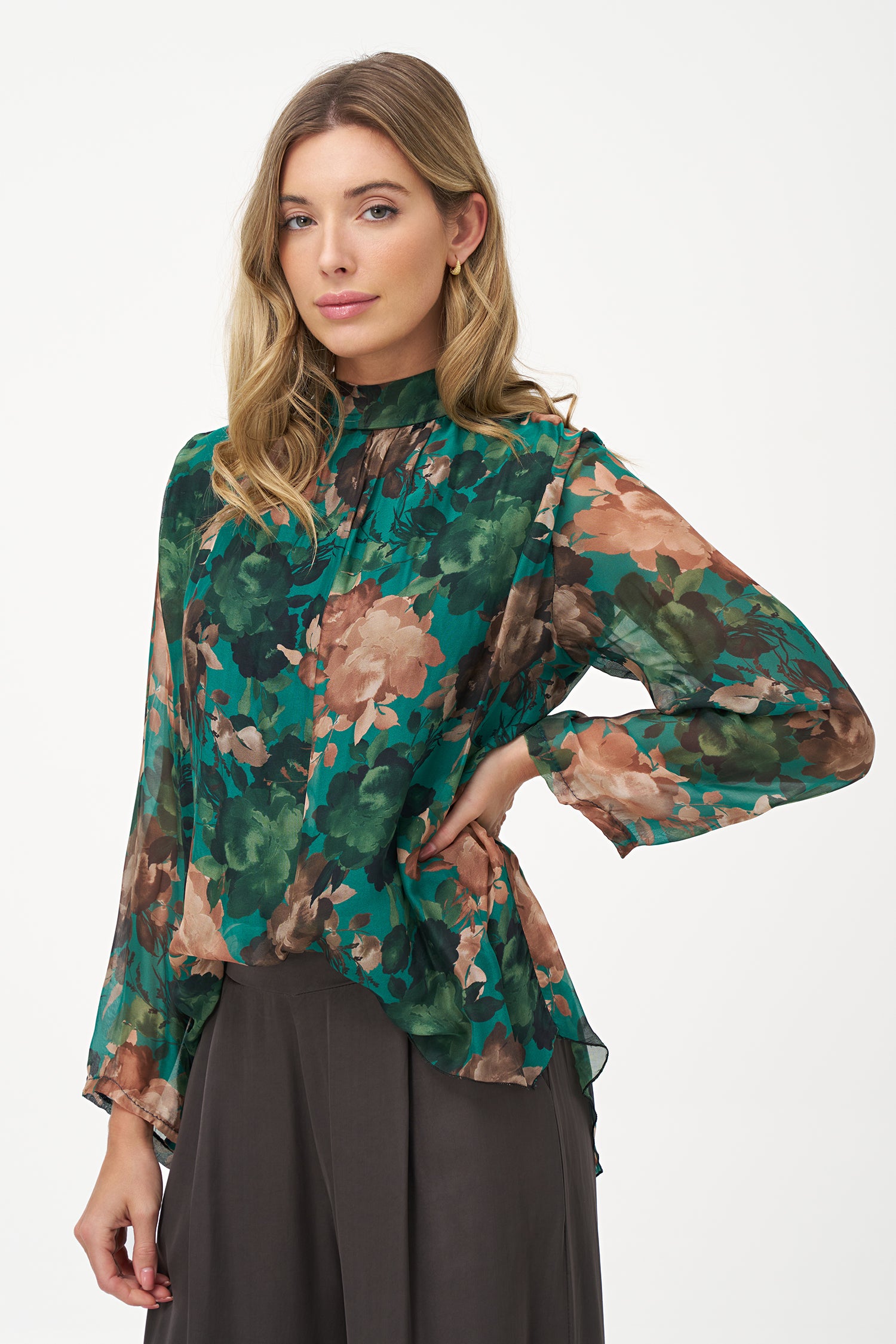 Sheer floral blouse in green daphne print with long sleeves and tie neckline in silk-viscose blend