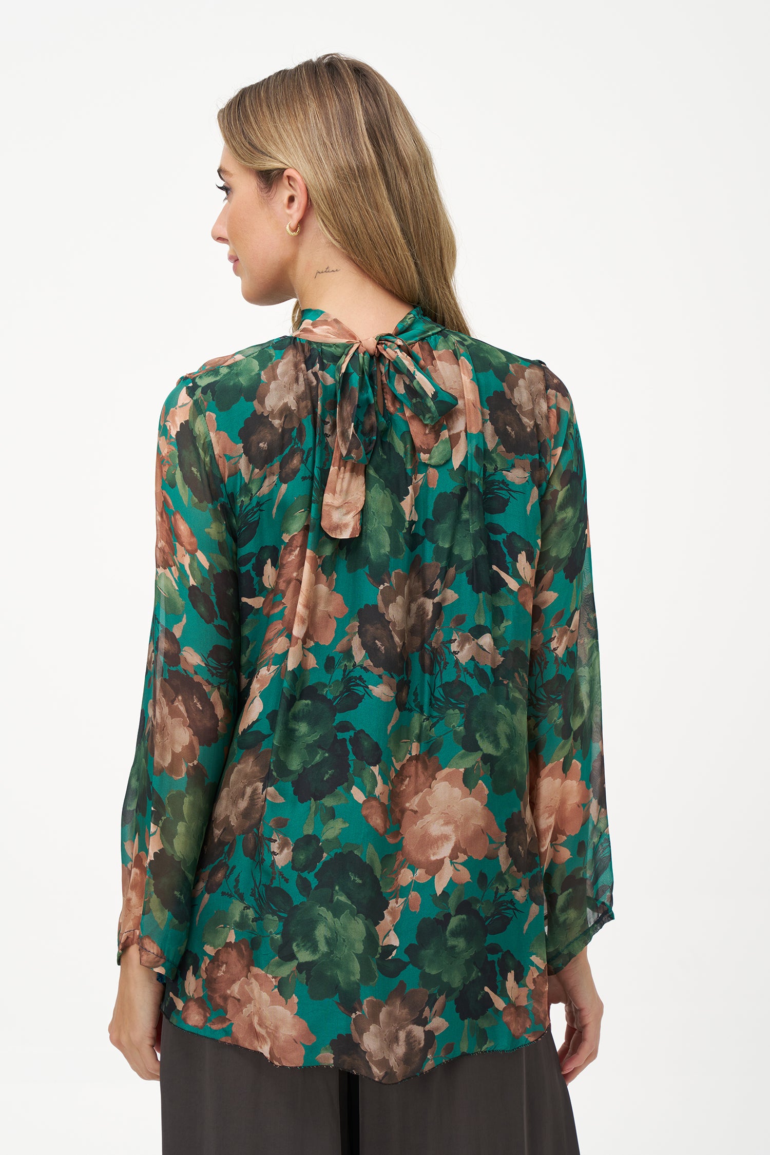 Sheer floral blouse in green daphne print with long sleeves and tie neckline in silk-viscose blend