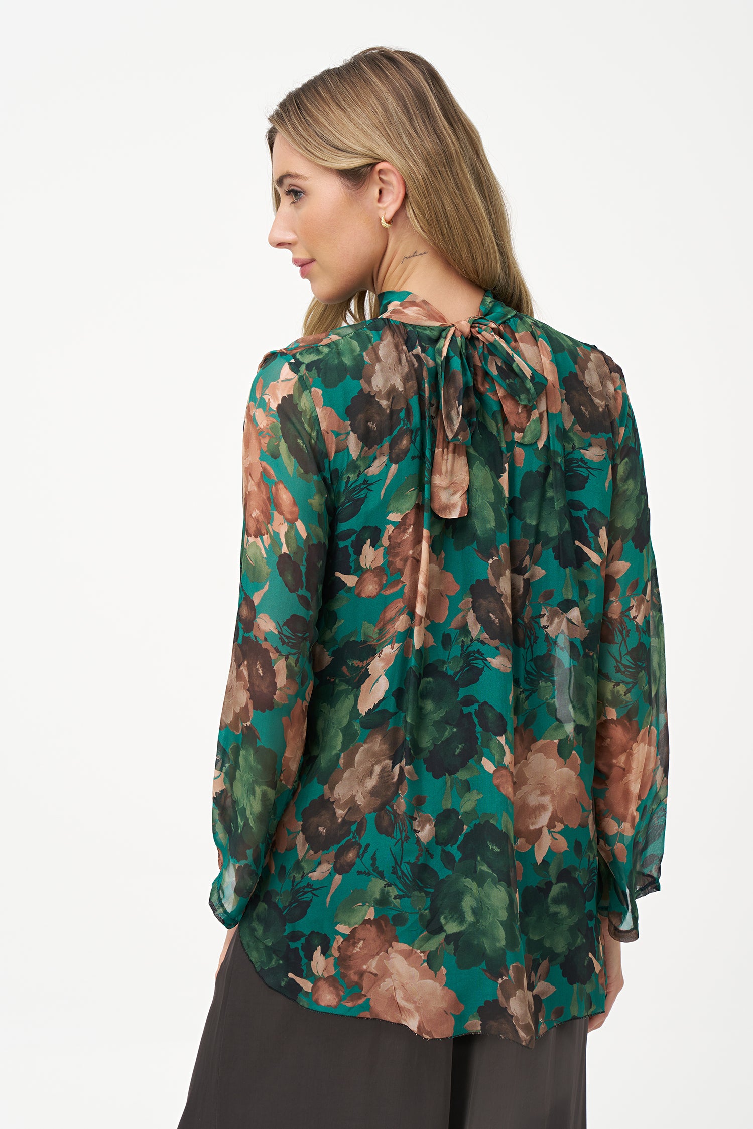 Sheer floral blouse in green daphne print with long sleeves and tie neckline in silk-viscose blend