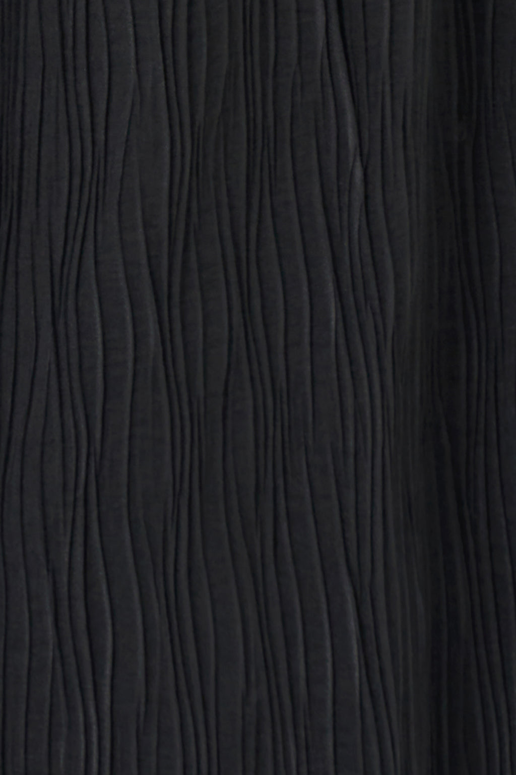 Black wide-leg crinkle pants with an elastic waistband and subtle wave texture, featuring a soft drape and flowy silhouette.