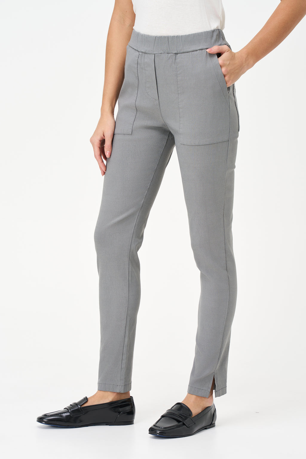 Slim-fit gray pants with wide front pockets, ankle-length cut, and soft stretch viscose blend for modern comfort.