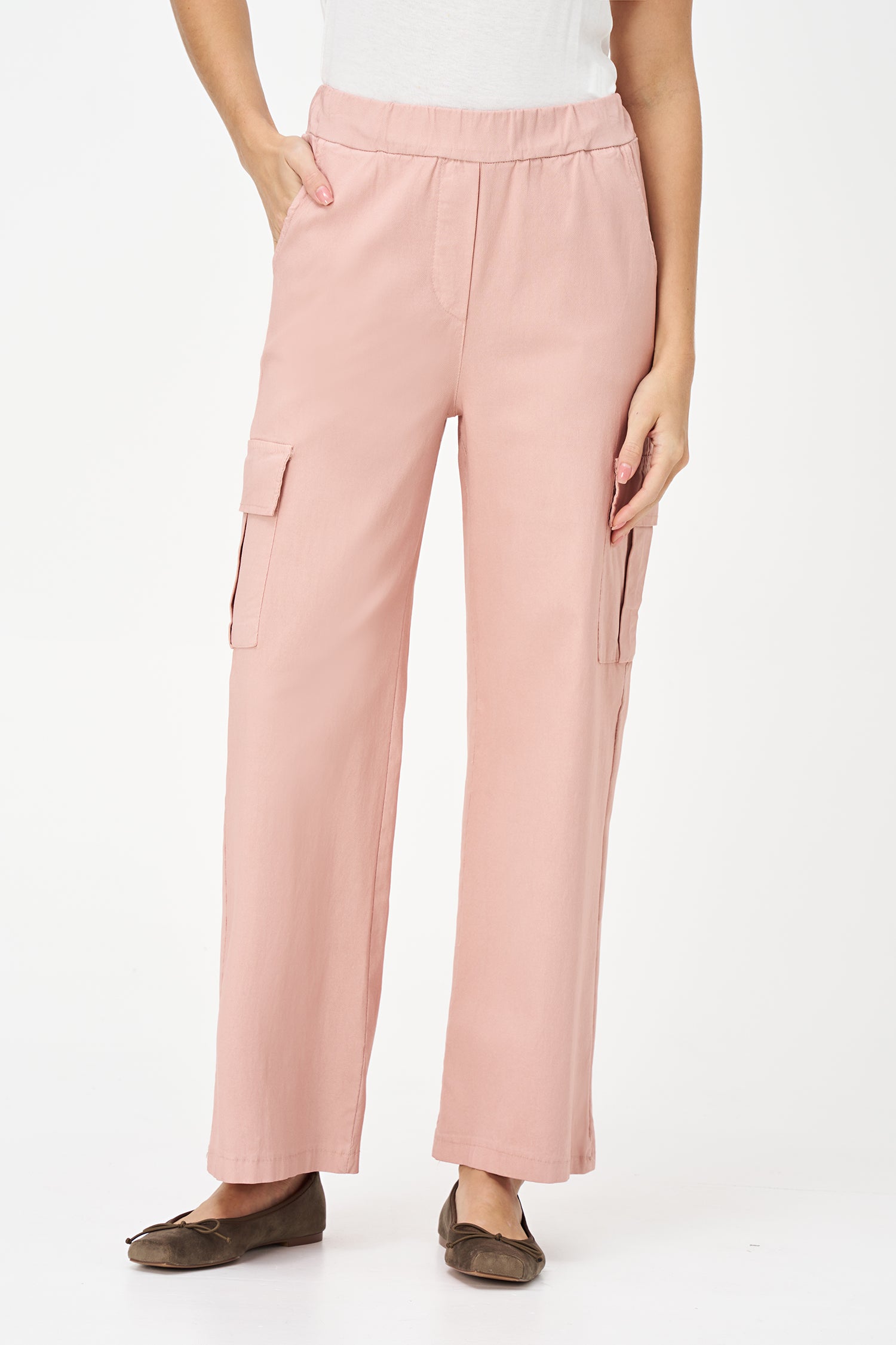 Beige cargo-style pants with flap side pockets, straight-leg cut, and soft stretch viscose blend for practical elegance.