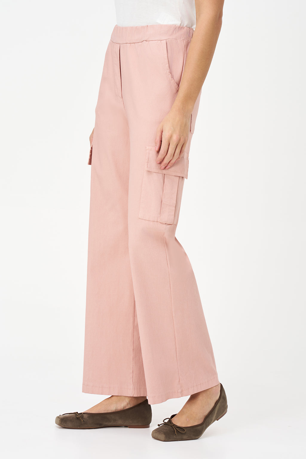 Beige cargo-style pants with flap side pockets, straight-leg cut, and soft stretch viscose blend for practical elegance.