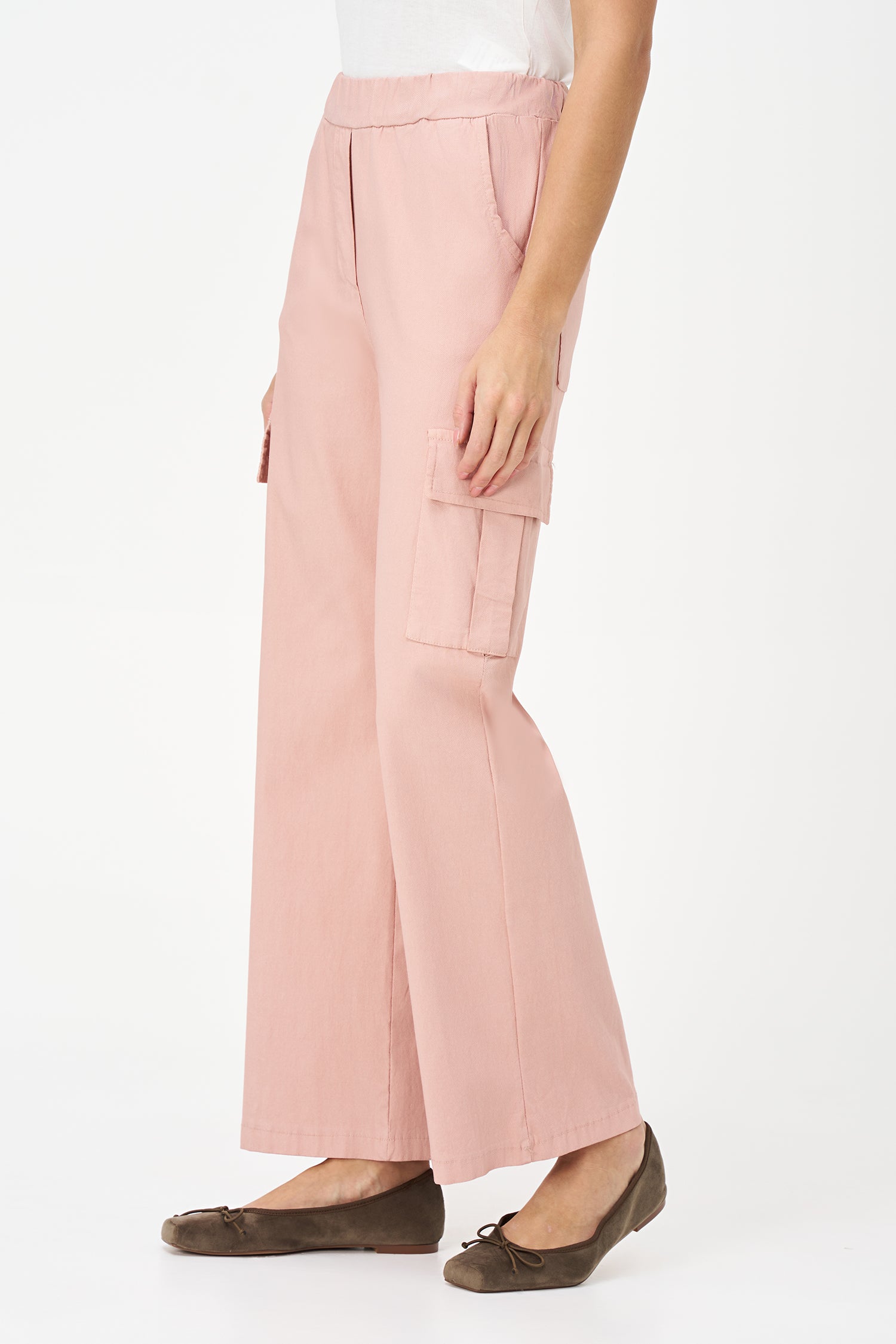 Beige cargo-style pants with flap side pockets, straight-leg cut, and soft stretch viscose blend for practical elegance.
