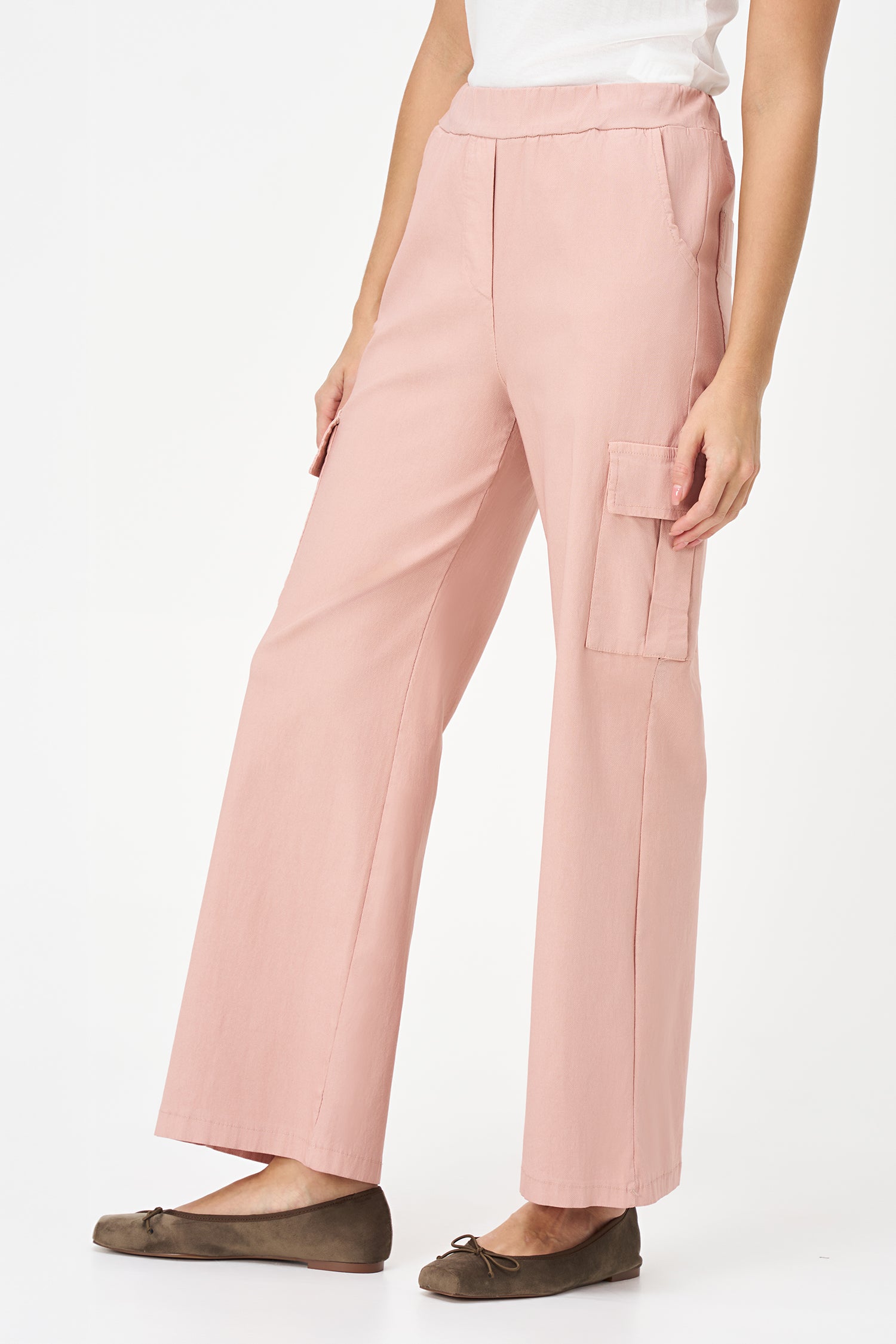 Beige cargo-style pants with flap side pockets, straight-leg cut, and soft stretch viscose blend for practical elegance.