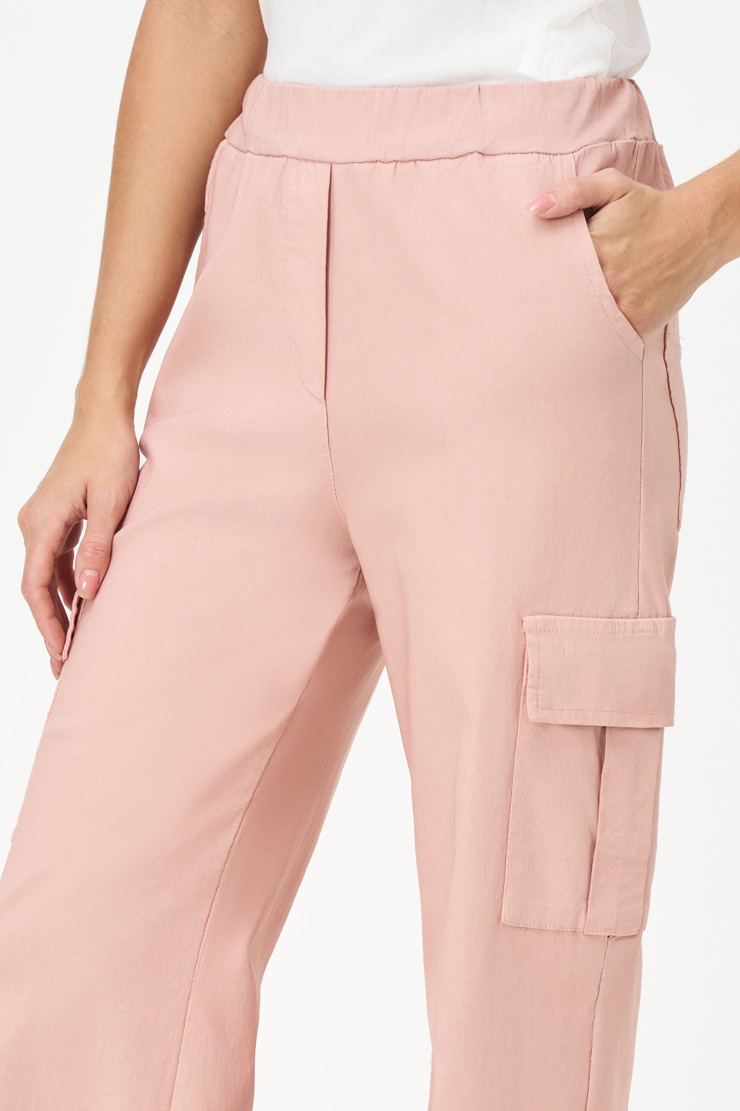 Beige cargo-style pants with flap side pockets, straight-leg cut, and soft stretch viscose blend for practical elegance.