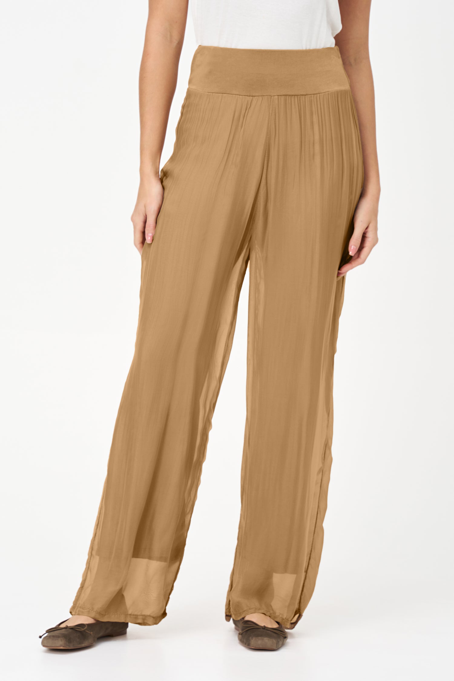Biscotti wide-leg pants in lightweight viscose-silk blend with a soft sheer finish and wide waistband.