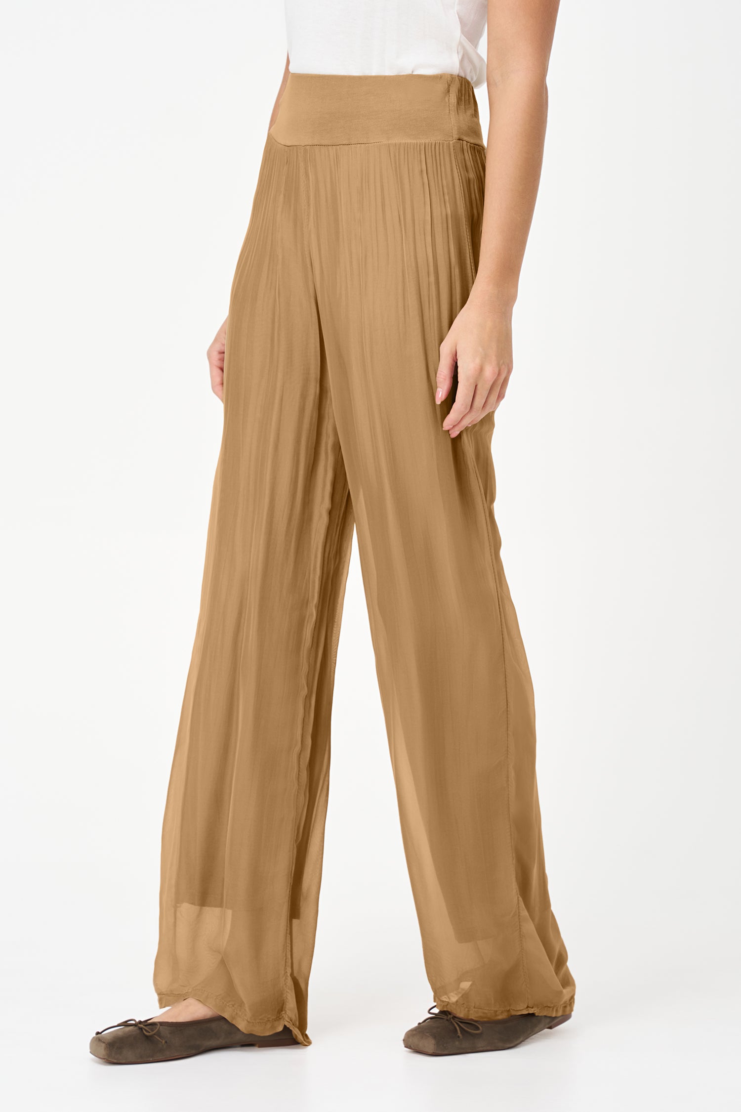 Biscotti wide-leg pants in lightweight viscose-silk blend with a soft sheer finish and wide waistband.