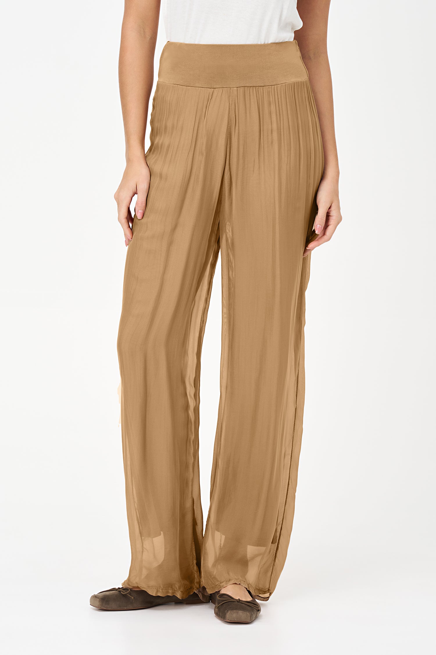 Biscotti wide-leg pants in lightweight viscose-silk blend with a soft sheer finish and wide waistband.