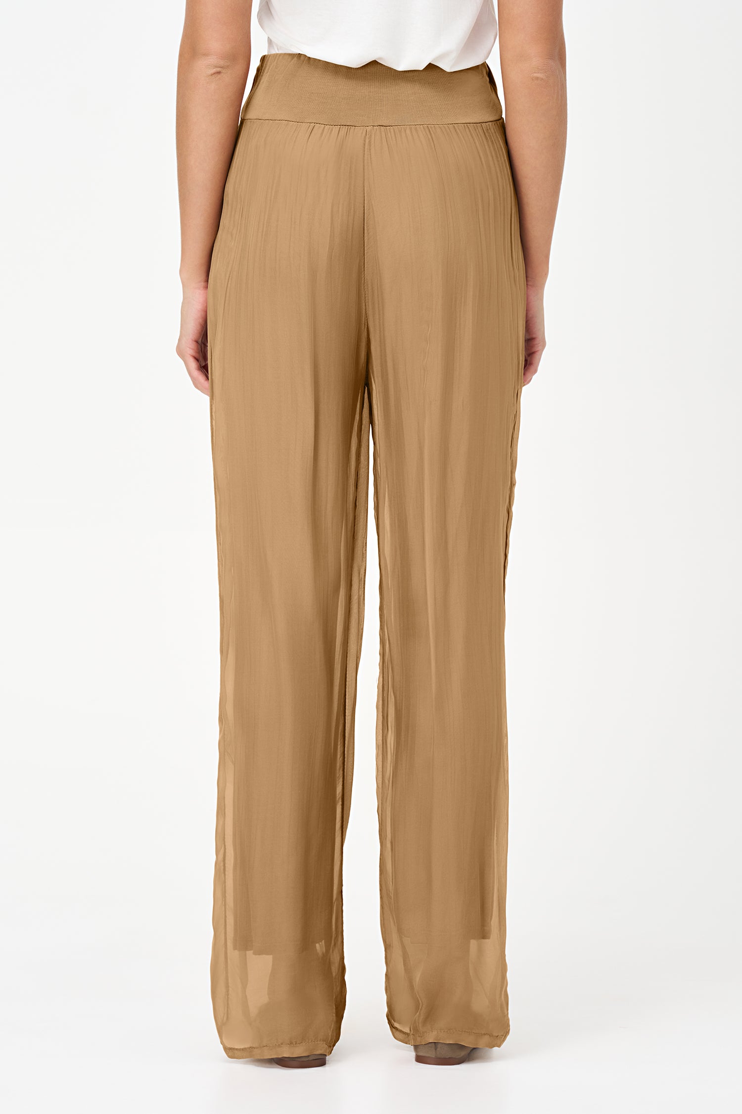 Biscotti wide-leg pants in lightweight viscose-silk blend with a soft sheer finish and wide waistband.