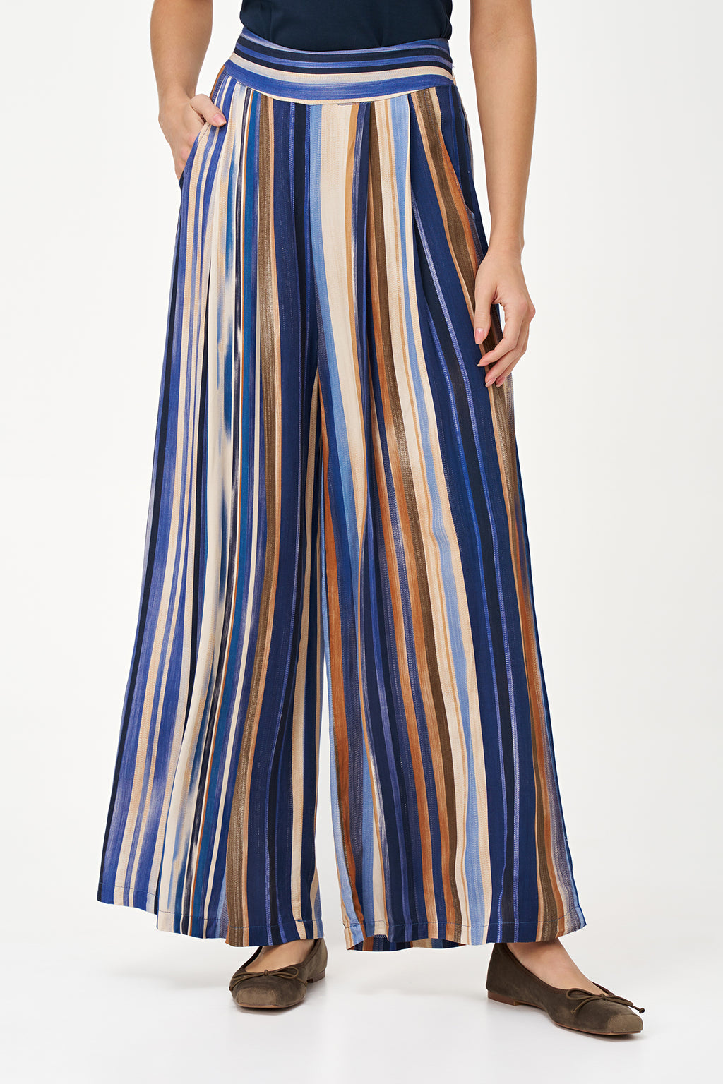 Colorful wide-leg pants in Blue Stripes print with an airy viscose drape, perfect for travel or warm-weather styling.