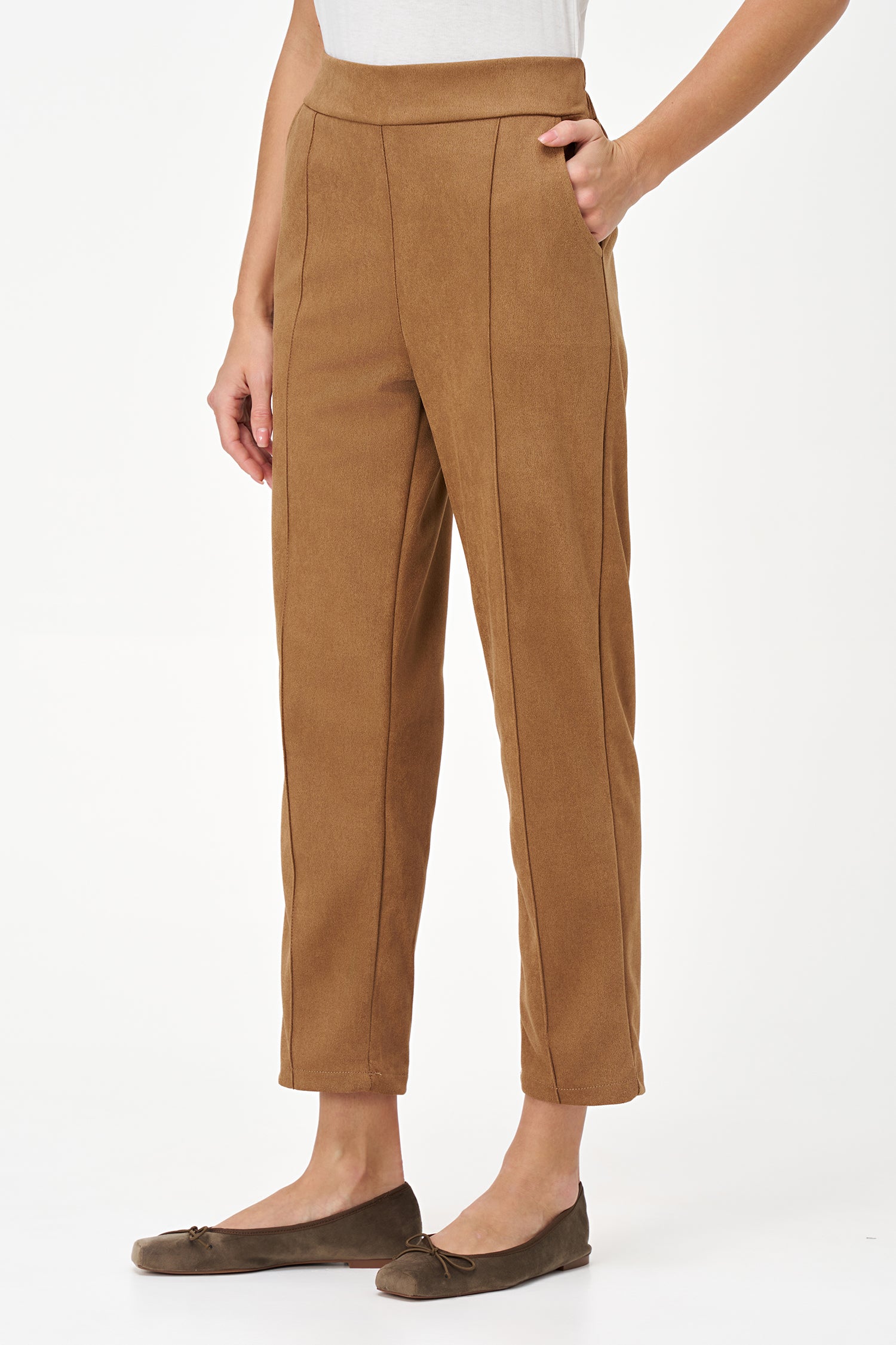Biscotti-colored straight-leg pants in soft stretch polyester blend with a tailored silhouette and clean waistband finish.