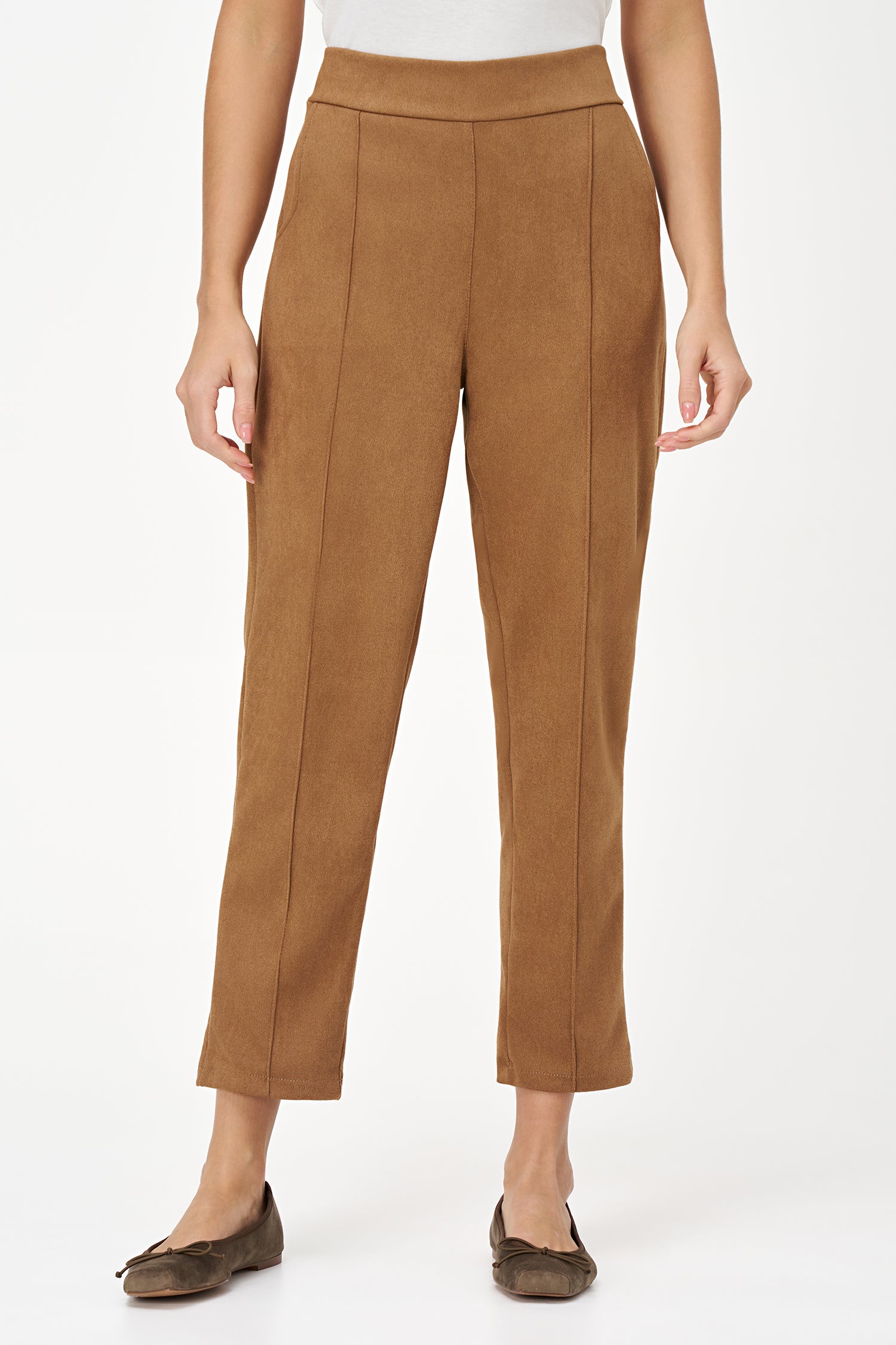 Biscotti-colored straight-leg pants in soft stretch polyester blend with a tailored silhouette and clean waistband finish.