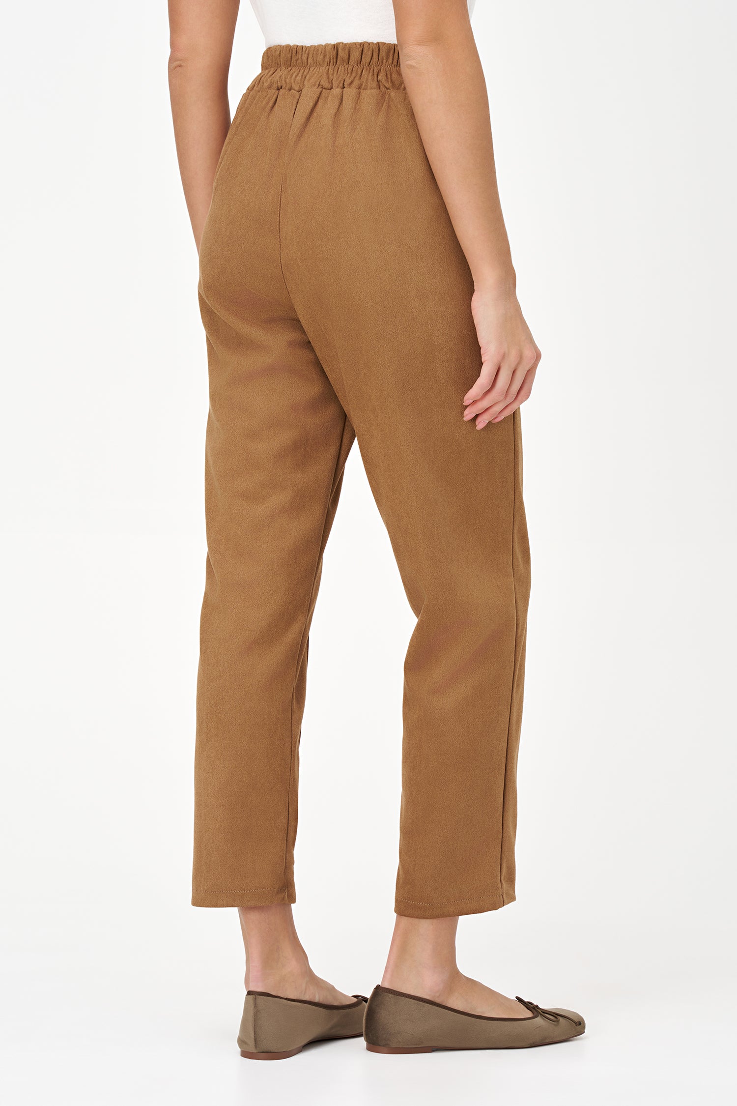 Biscotti-colored straight-leg pants in soft stretch polyester blend with a tailored silhouette and clean waistband finish.