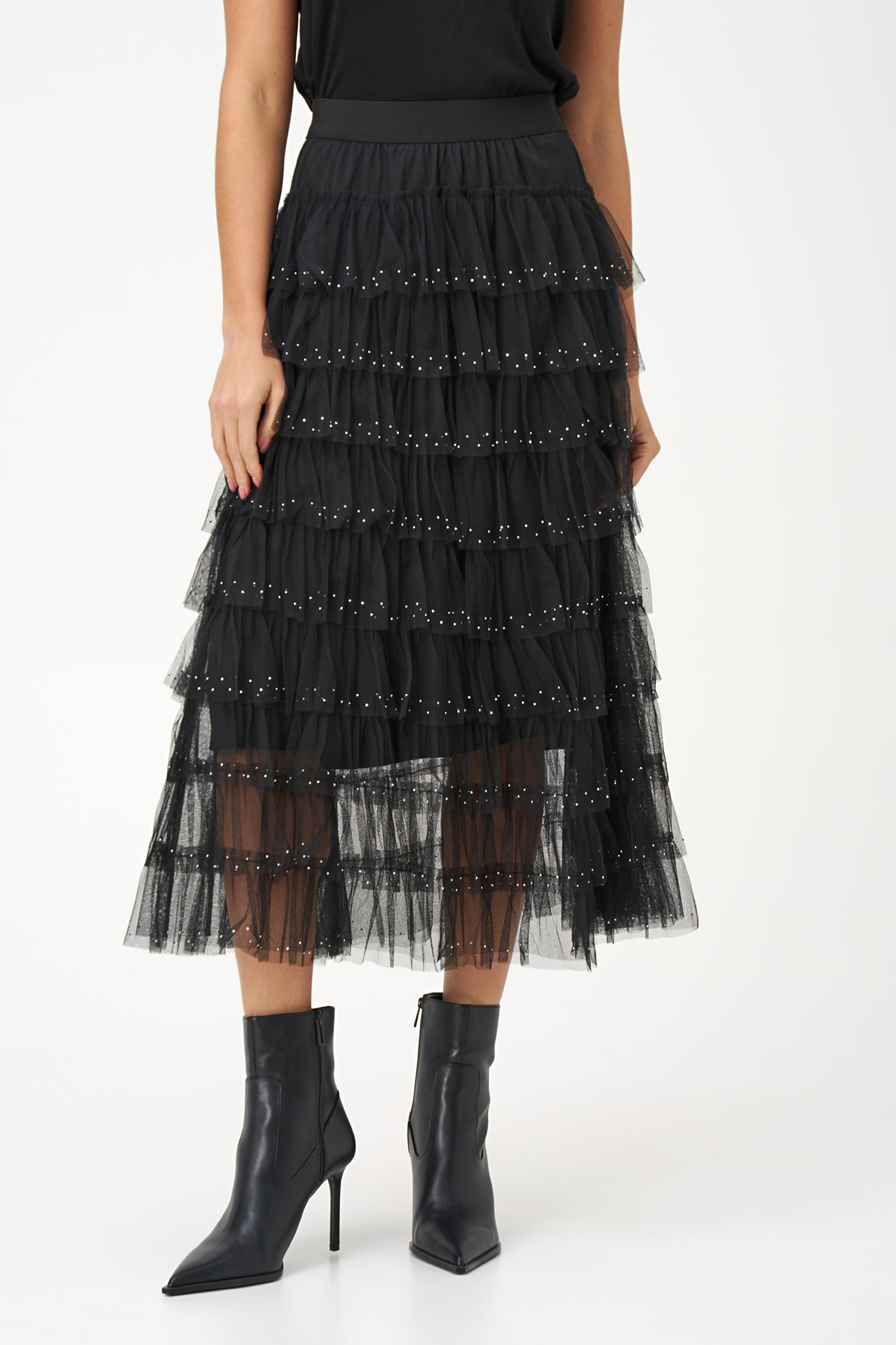 Black layered tulle maxi skirt with ruffled tiers and subtle sparkle embellishments, perfect for special occasions or evening wear.
