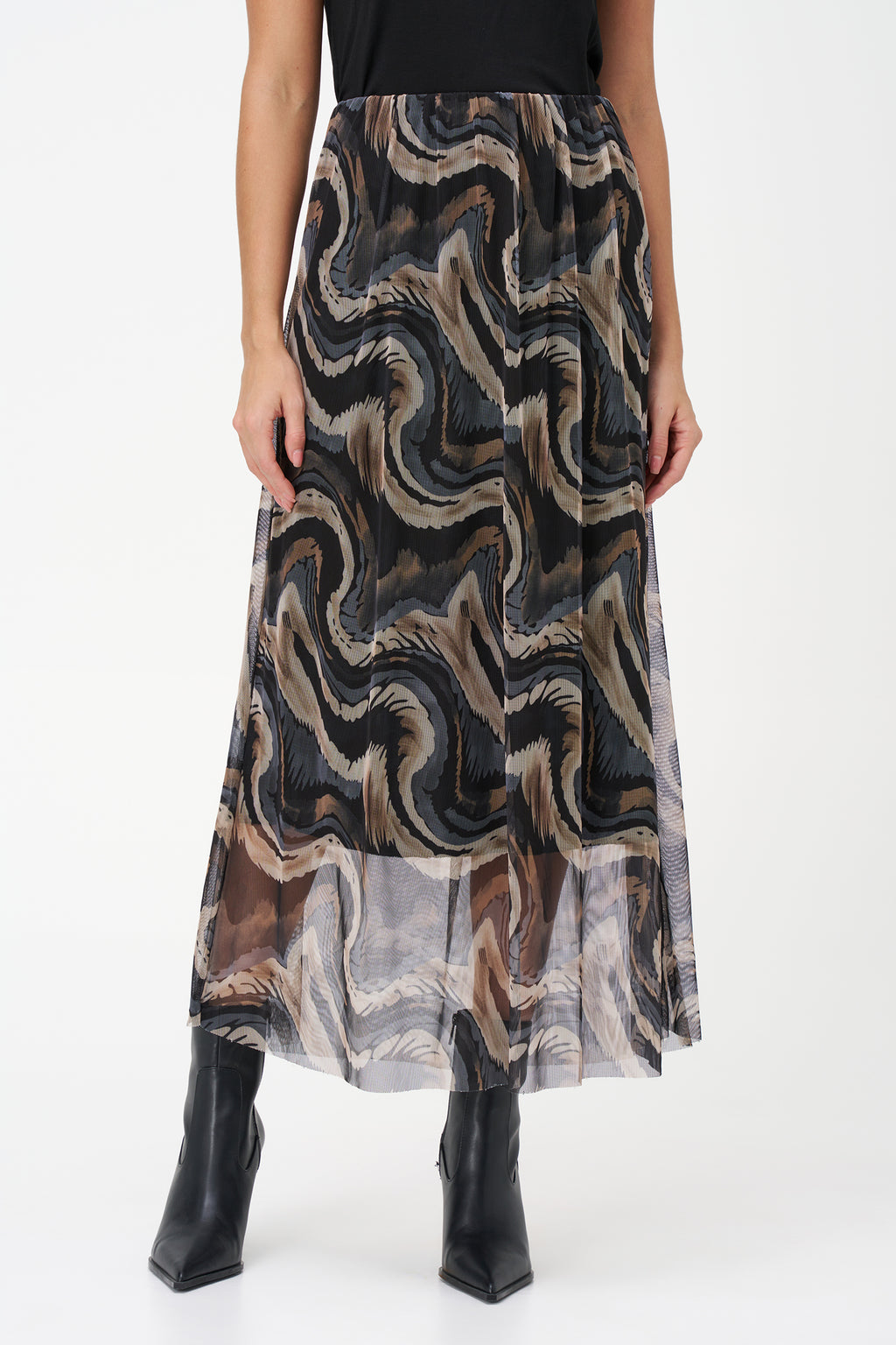 Flowy printed chiffon skirt in abstract Grey Erosion pattern with sheer hem, perfect for statement summer looks.