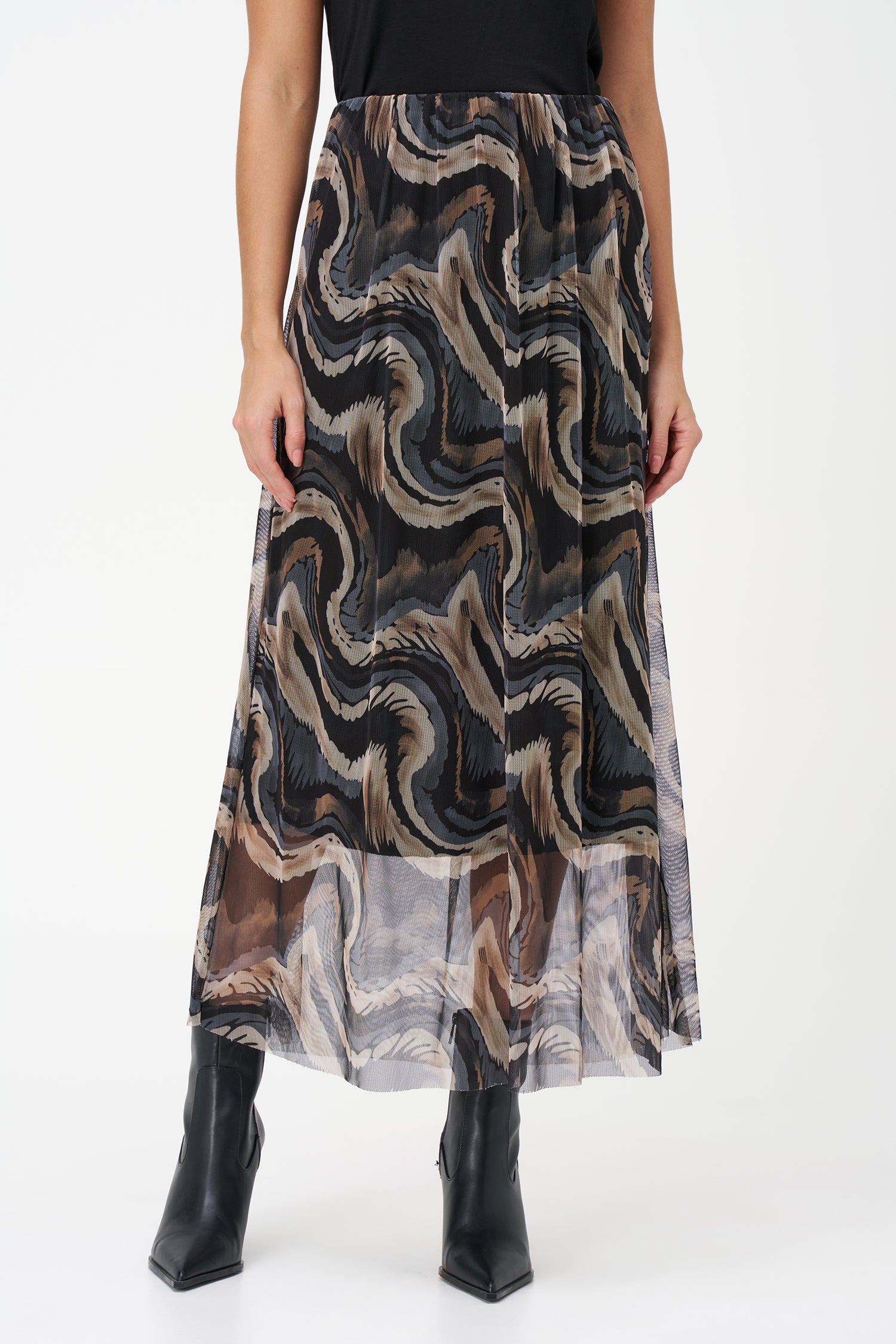 Flowy printed chiffon skirt in abstract Grey Erosion pattern with sheer hem, perfect for statement summer looks.