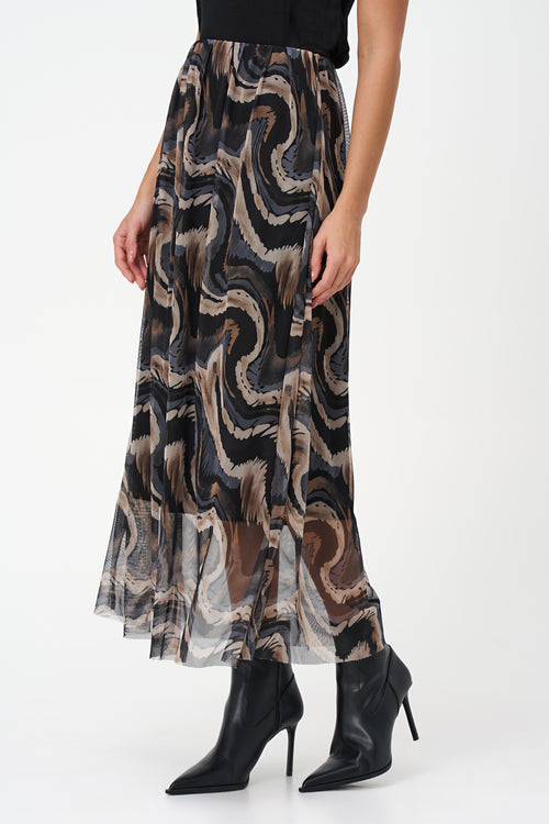 Flowy printed chiffon skirt in abstract Grey Erosion pattern with sheer hem, perfect for statement summer looks.