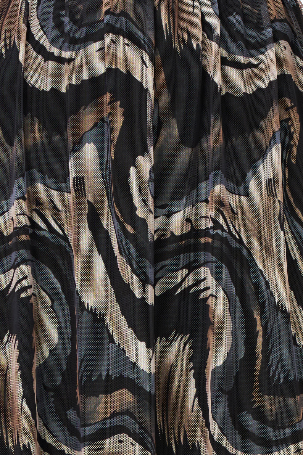 Flowy printed chiffon skirt in abstract Grey Erosion pattern with sheer hem, perfect for statement summer looks.