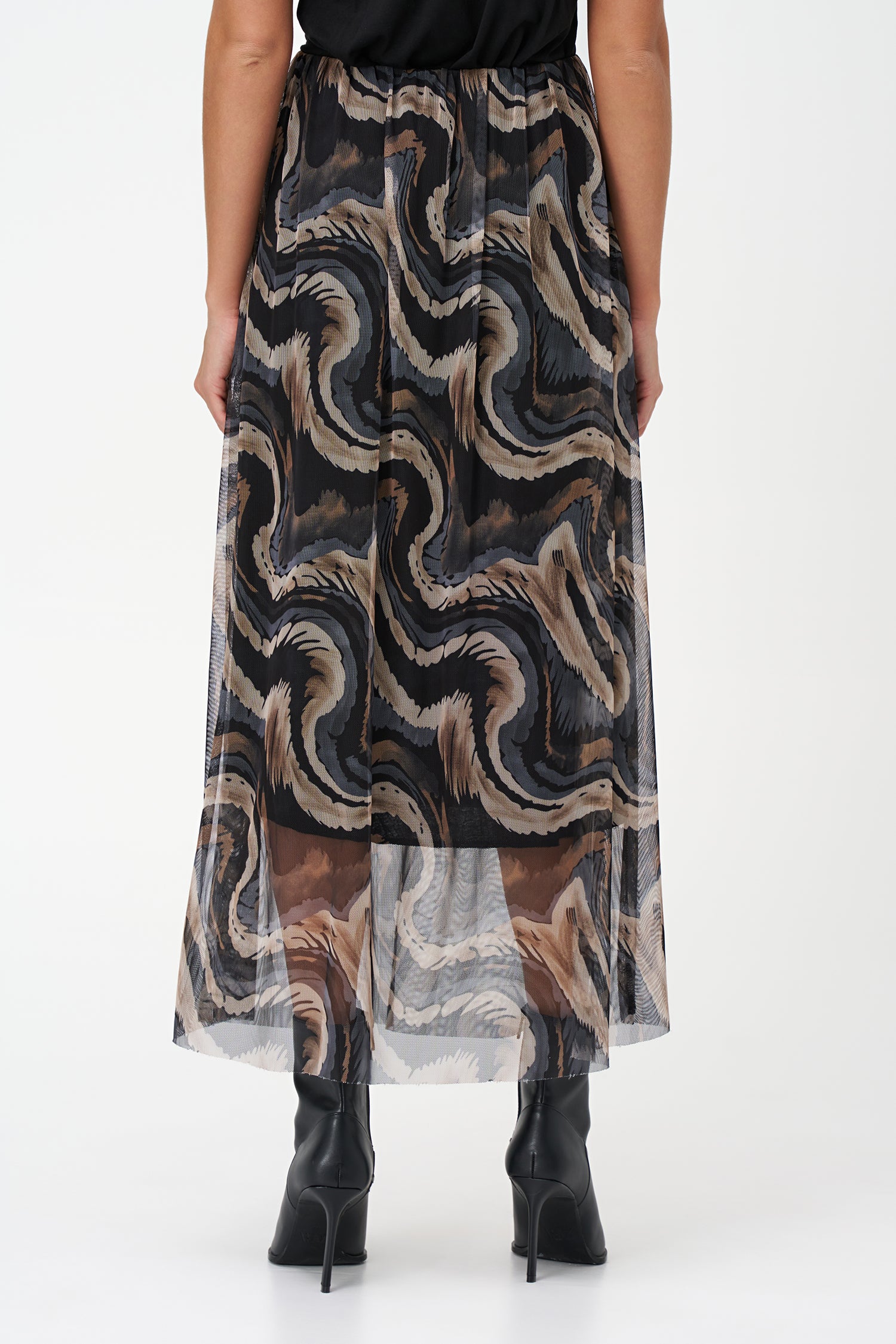 Flowy printed chiffon skirt in abstract Grey Erosion pattern with sheer hem, perfect for statement summer looks.