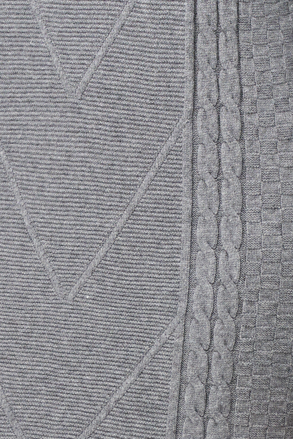 Grey cable knit sweater dress with long sleeves and ribbed hemline.