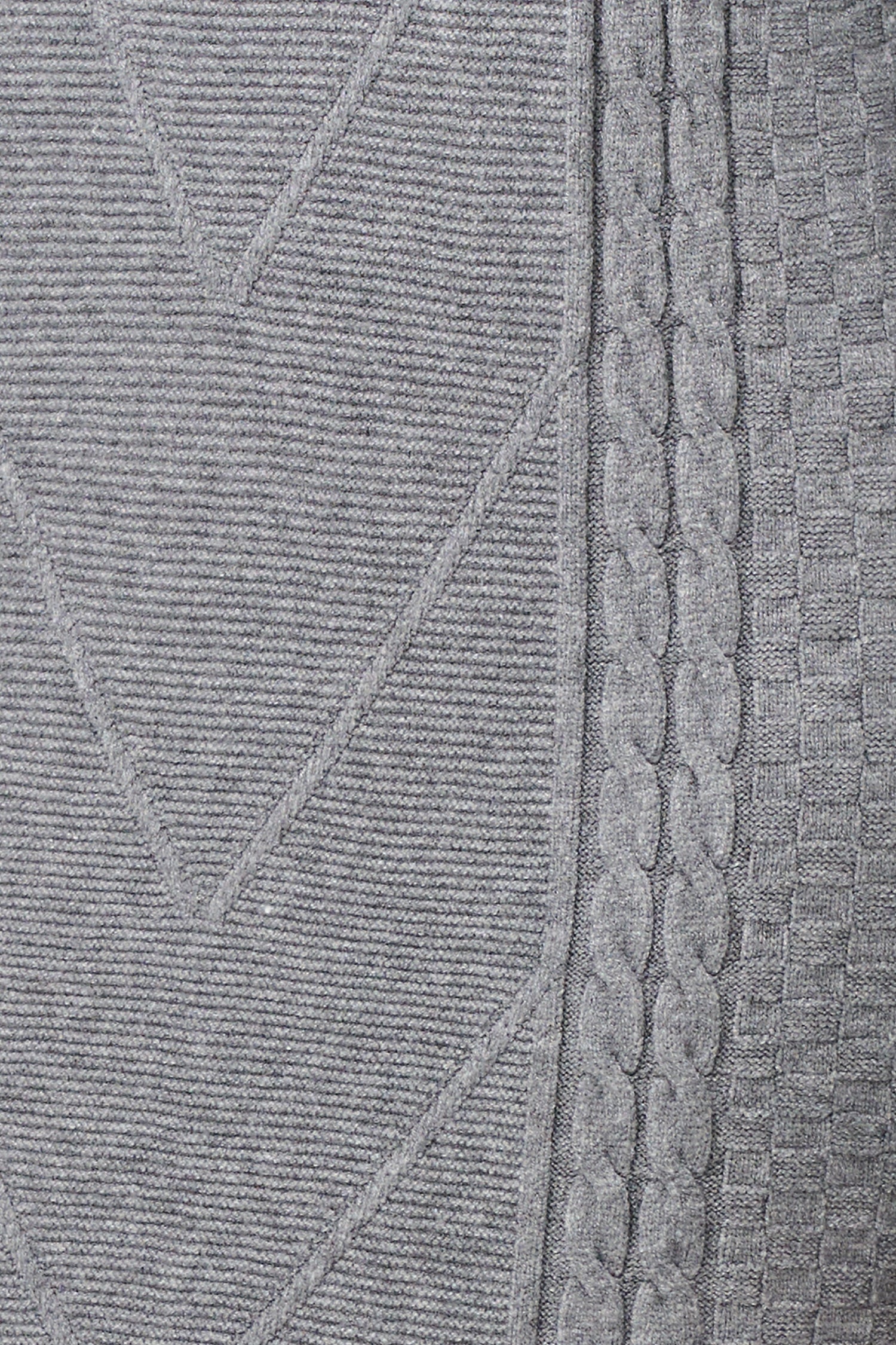 Grey cable knit sweater dress with long sleeves and ribbed hemline.