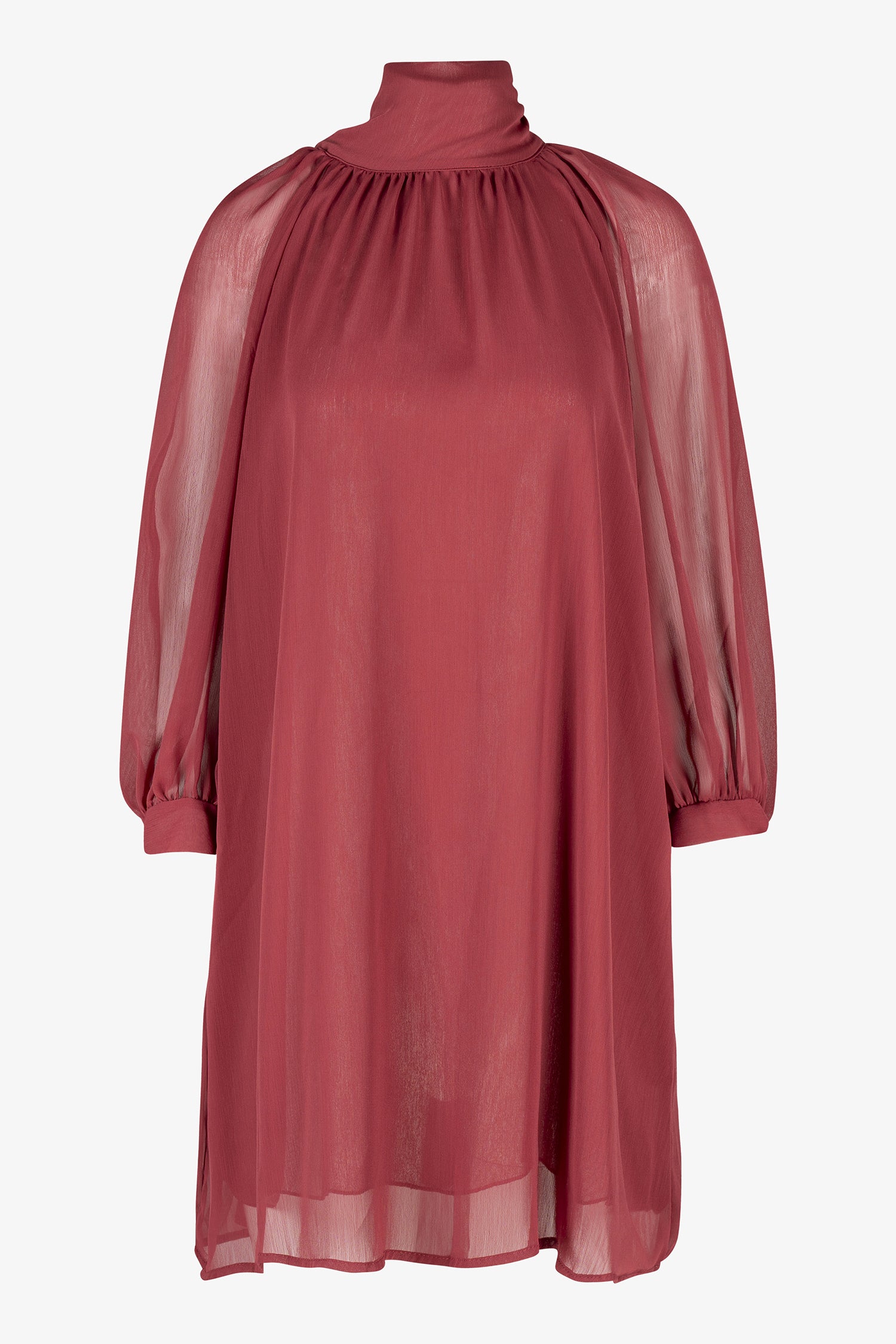 Sheer long-sleeve red dress with high neck and oversized bow detail.