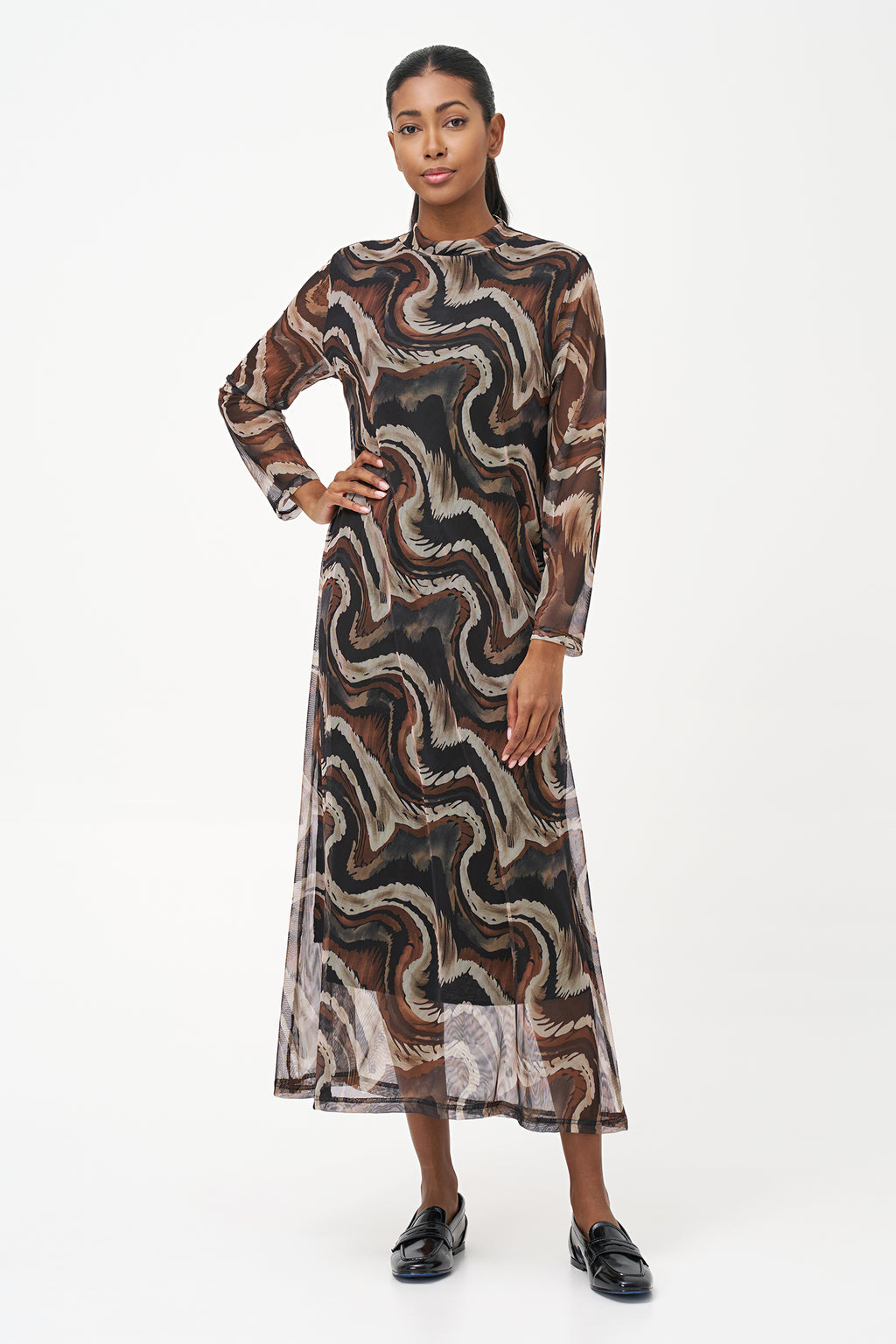 Long-sleeve midi dress in abstract brown swirl print with semi-sheer finish and straight silhouette.
