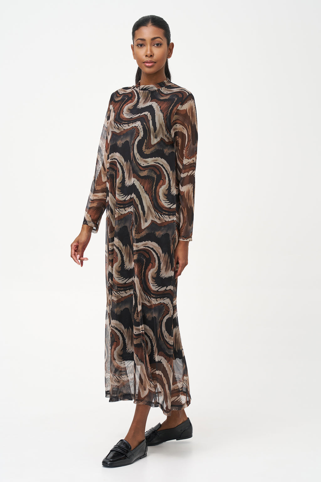 Long-sleeve midi dress in abstract brown swirl print with semi-sheer finish and straight silhouette.