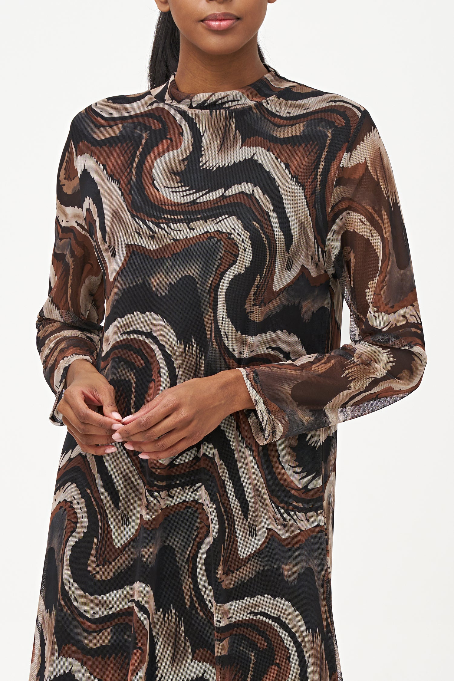 Long-sleeve midi dress in abstract brown swirl print with semi-sheer finish and straight silhouette.