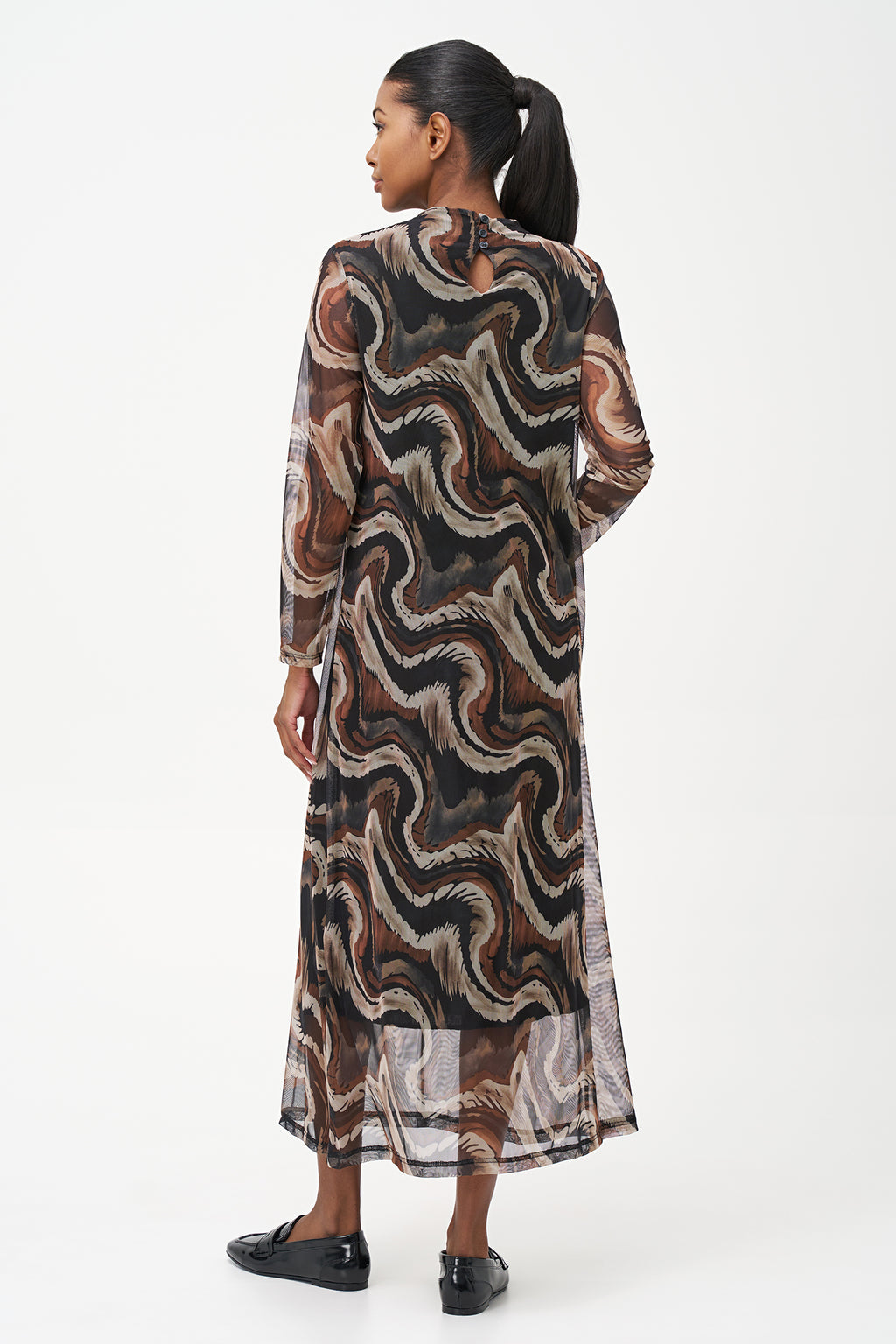 Long-sleeve midi dress in abstract brown swirl print with semi-sheer finish and straight silhouette.