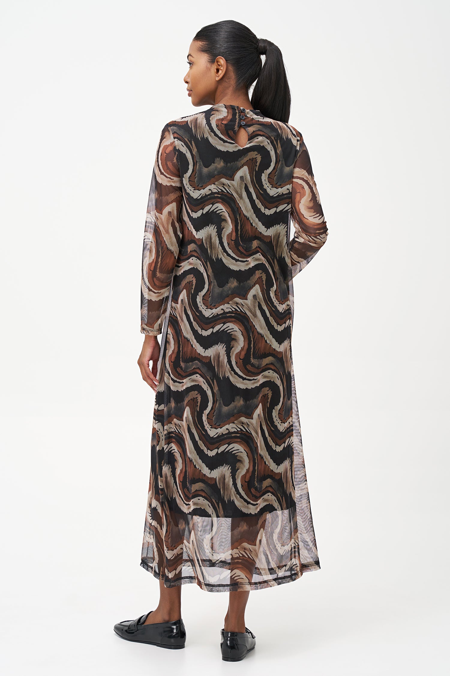 Long-sleeve midi dress in abstract brown swirl print with semi-sheer finish and straight silhouette.