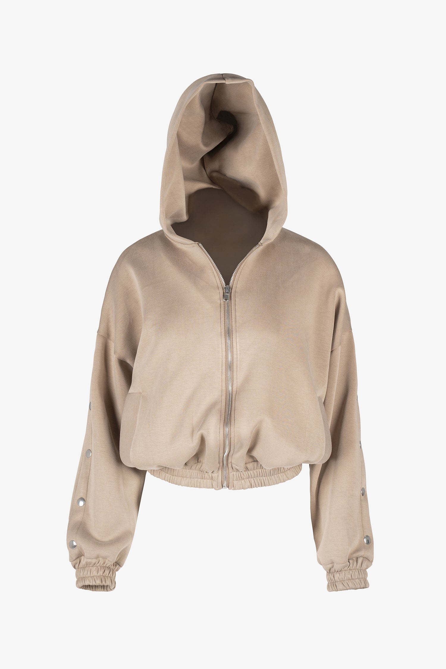 Beige zip-up hoodie with snap button sleeves and elastic cuffs and hem