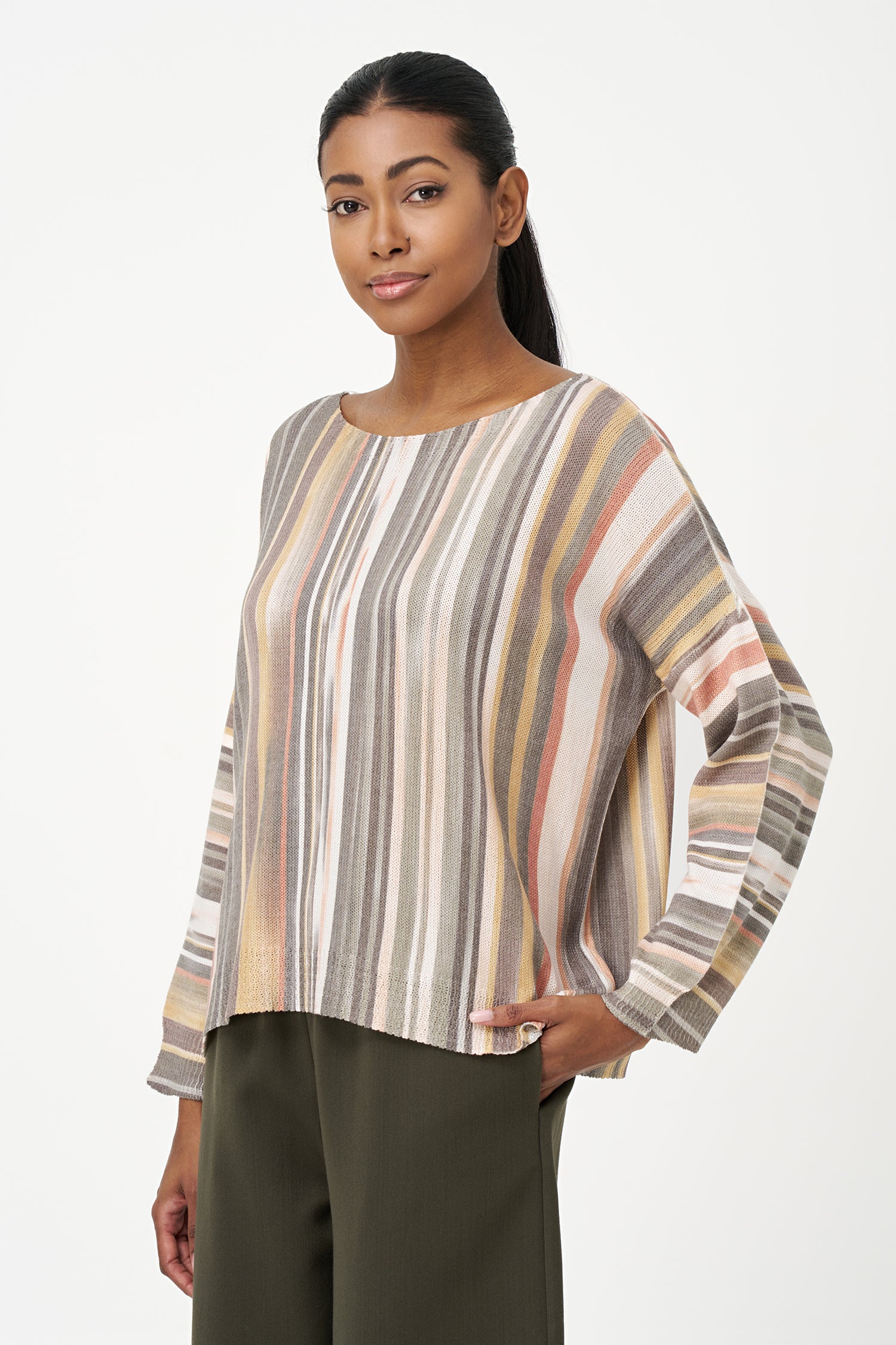 Striped viscose blend sweater in warm tones with relaxed fit and soft texture, perfect for casual wear and layered looks.