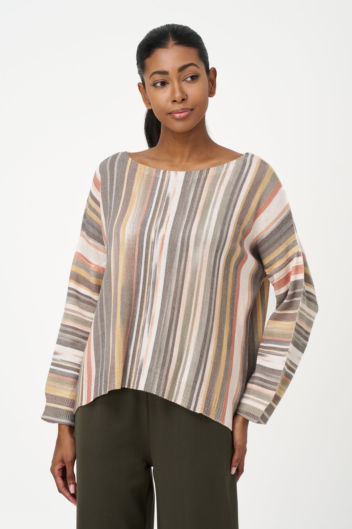Striped viscose blend sweater in warm tones with relaxed fit and soft texture, perfect for casual wear and layered looks.