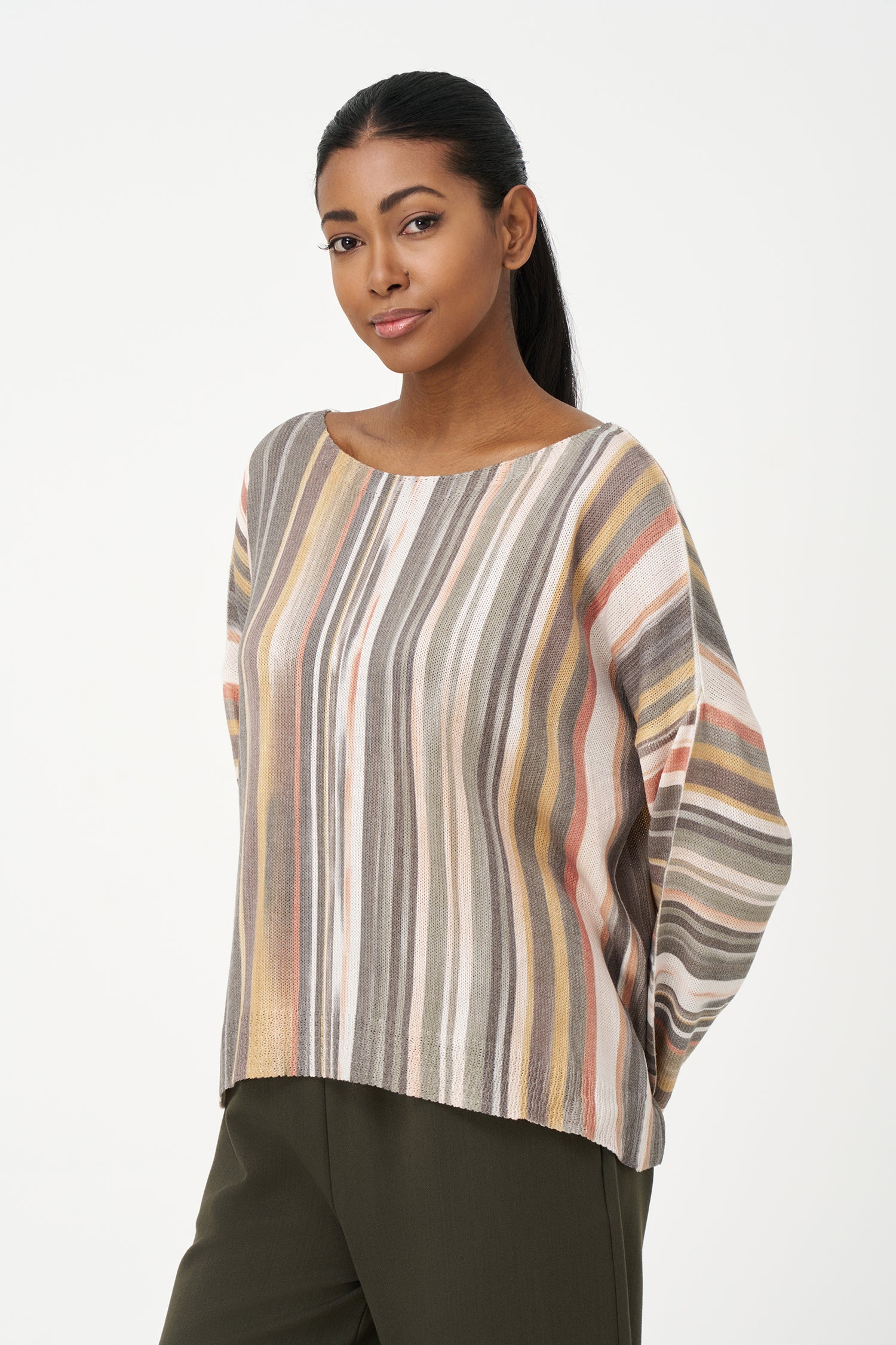 Striped viscose blend sweater in warm tones with relaxed fit and soft texture, perfect for casual wear and layered looks.