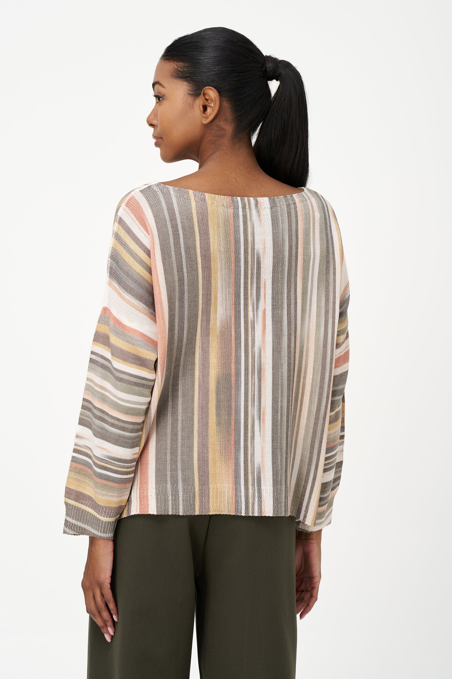 Striped viscose blend sweater in warm tones with relaxed fit and soft texture, perfect for casual wear and layered looks.