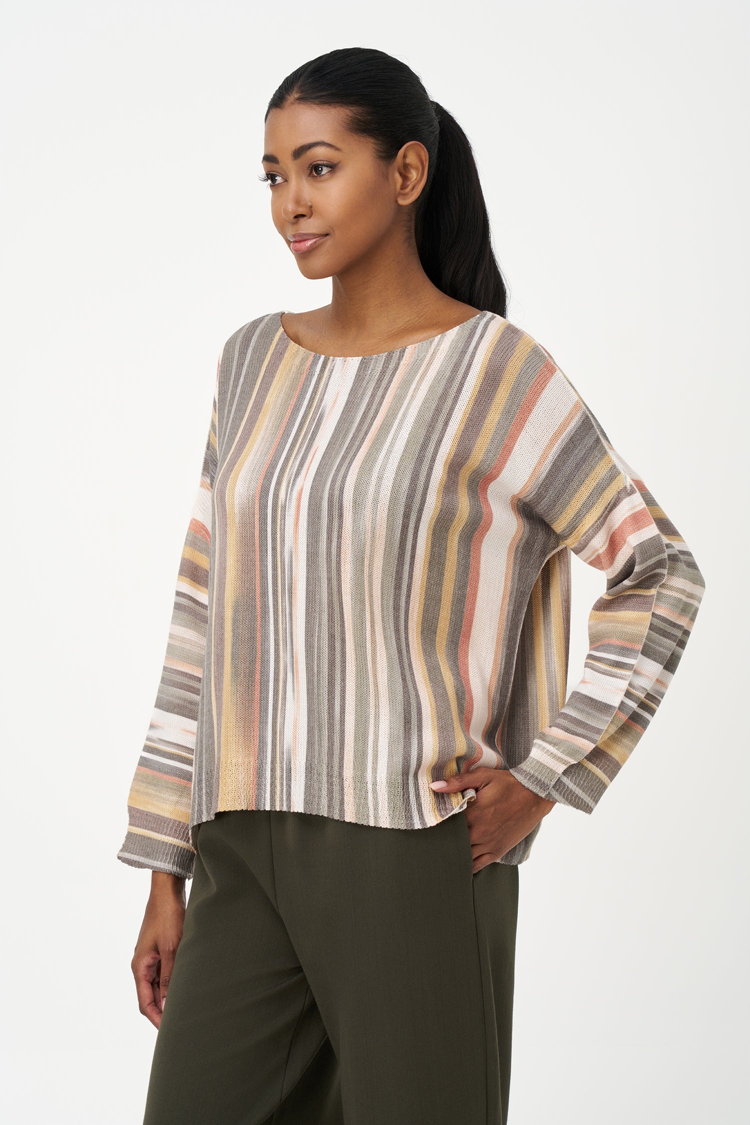 Striped viscose blend sweater in warm tones with relaxed fit and soft texture, perfect for casual wear and layered looks.