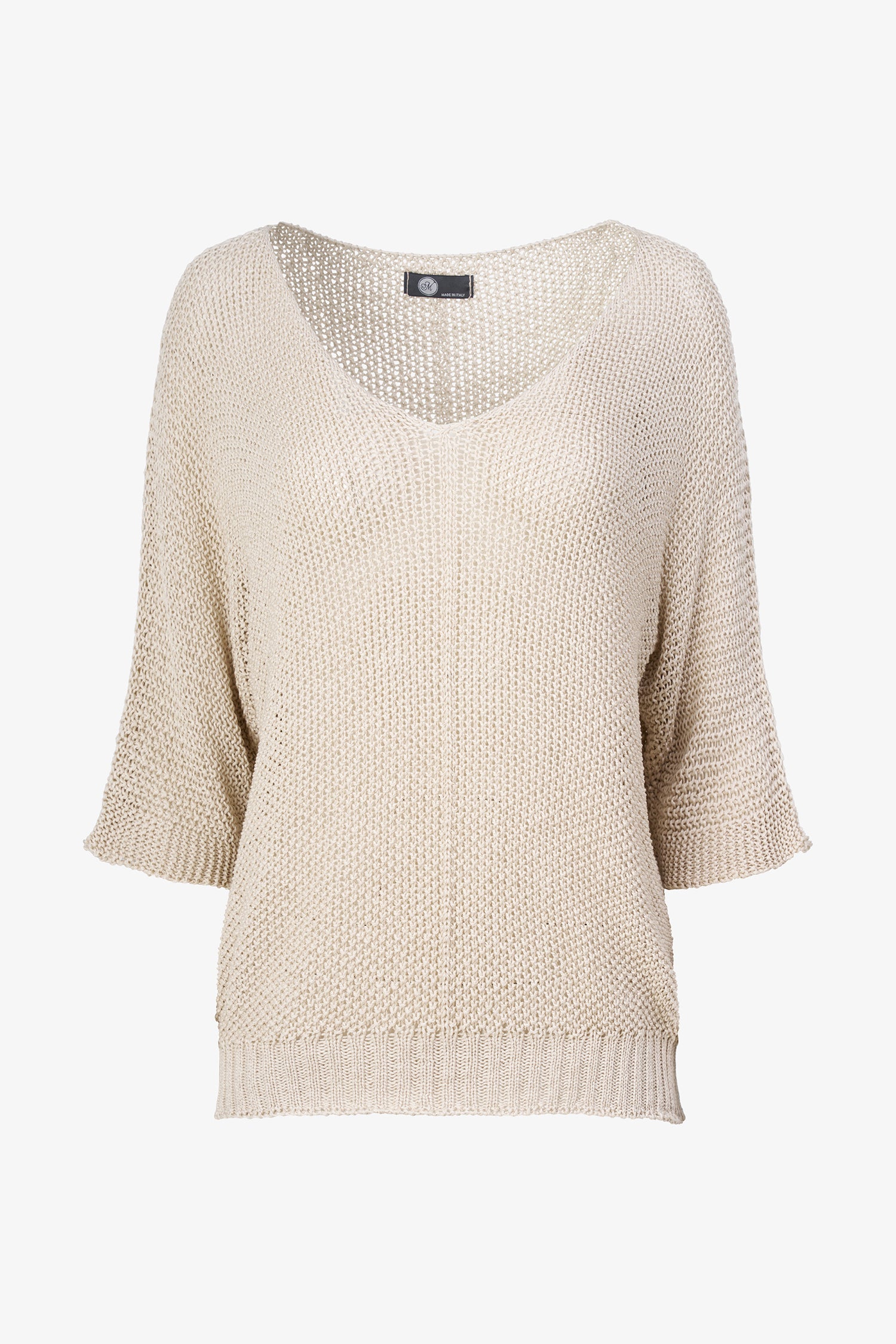 White acrylic knit sweater with elbow-length sleeves, scoop neckline, and textured semi-sheer finish for a relaxed, breathable look.