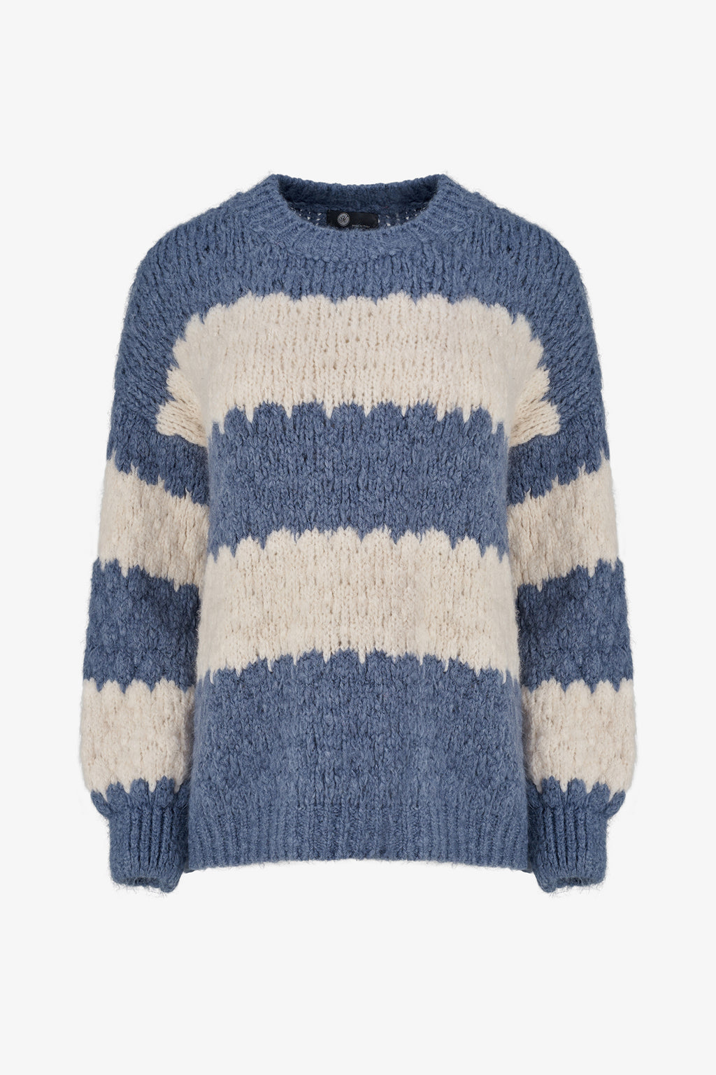 Green-Blue and White striped sweater in soft acrylic blend with a fuzzy texture and relaxed fit, perfect for layering on chilly days.