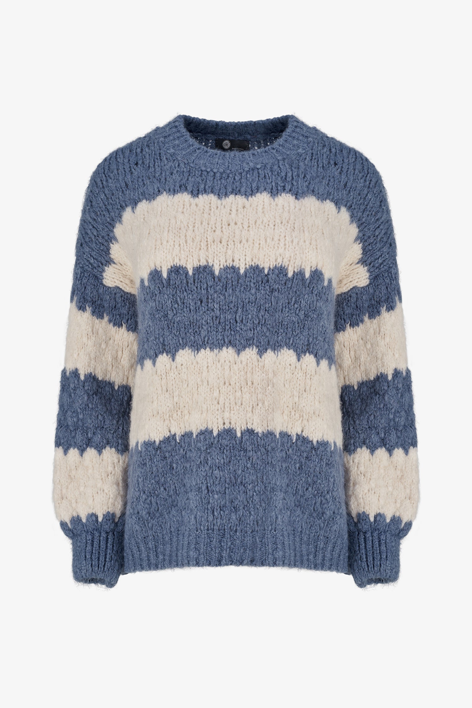Green-Blue and White striped sweater in soft acrylic blend with a fuzzy texture and relaxed fit, perfect for layering on chilly days.