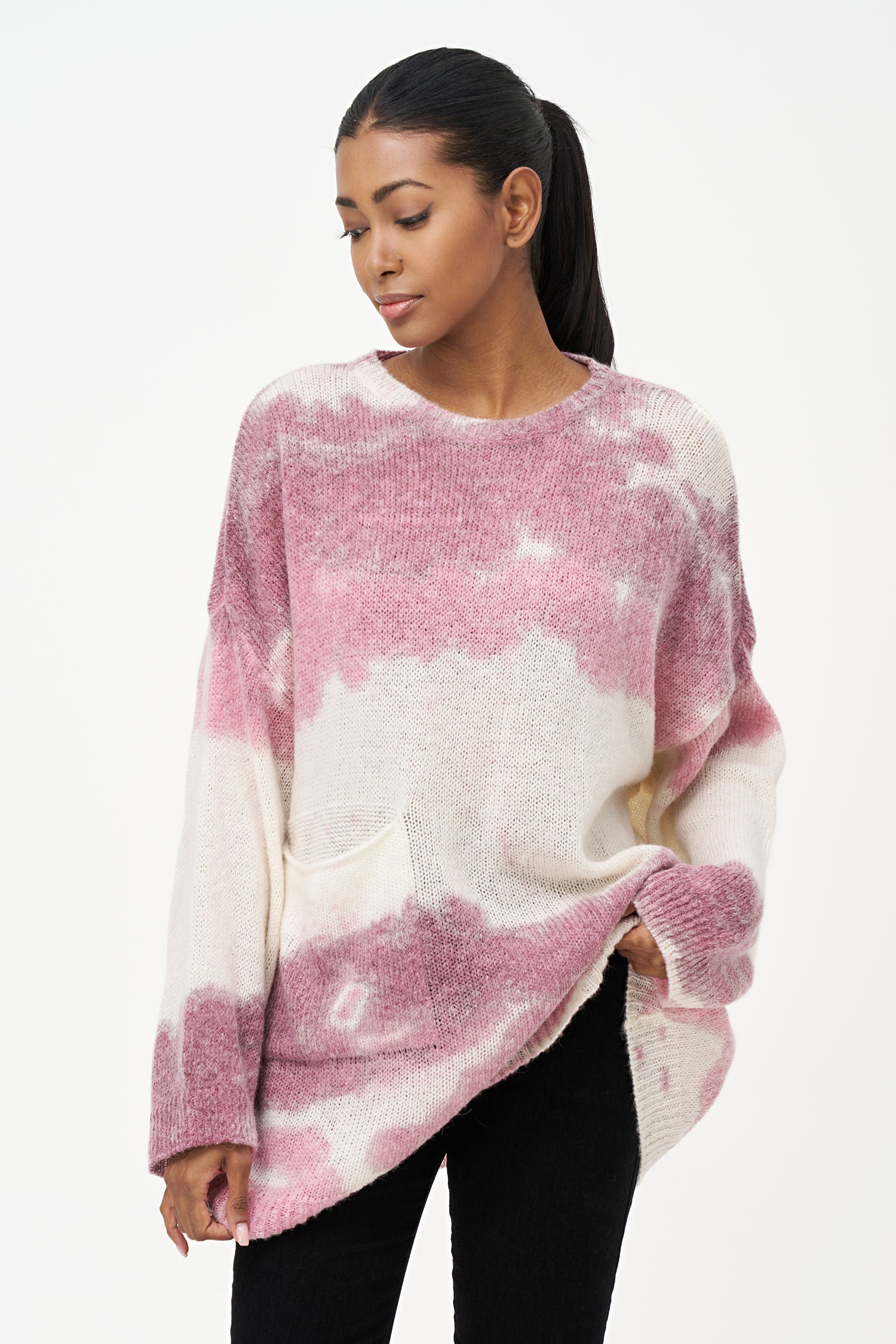 red and white mohair blend sweater with soft brushed texture, relaxed fit, and front pocket for cozy everyday wear.