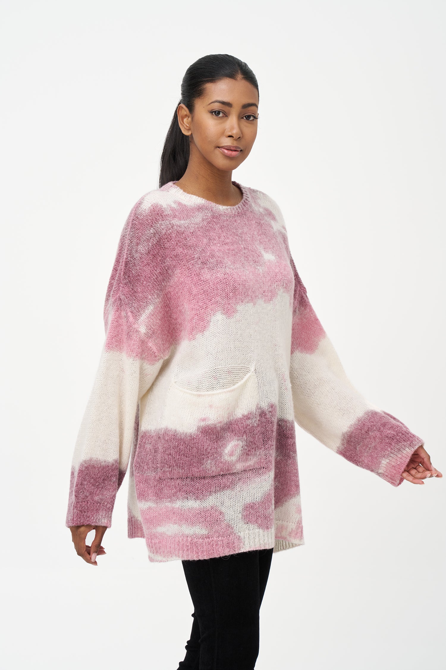 red and white mohair blend sweater with soft brushed texture, relaxed fit, and front pocket for cozy everyday wear.
