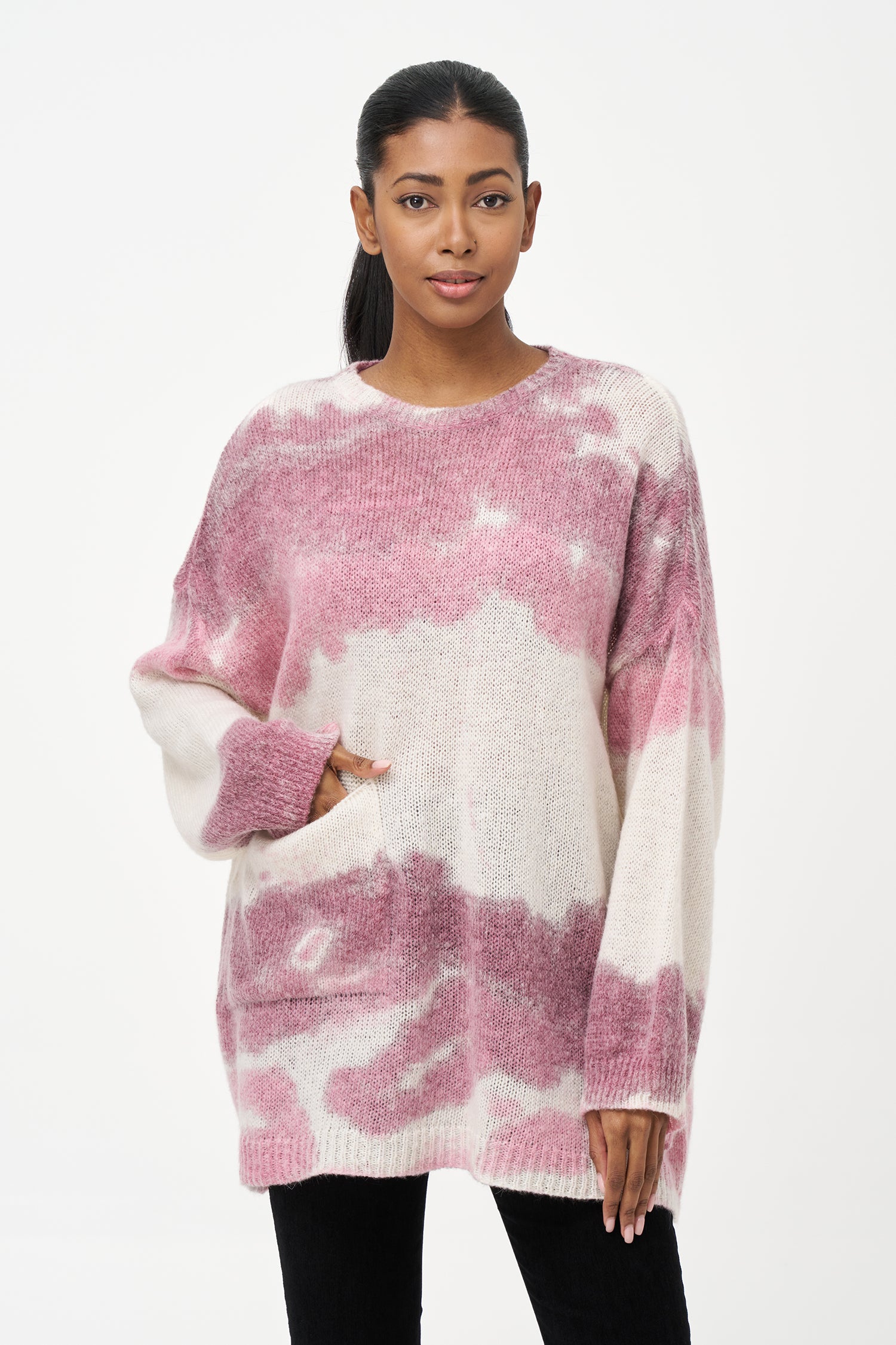 red and white mohair blend sweater with soft brushed texture, relaxed fit, and front pocket for cozy everyday wear.